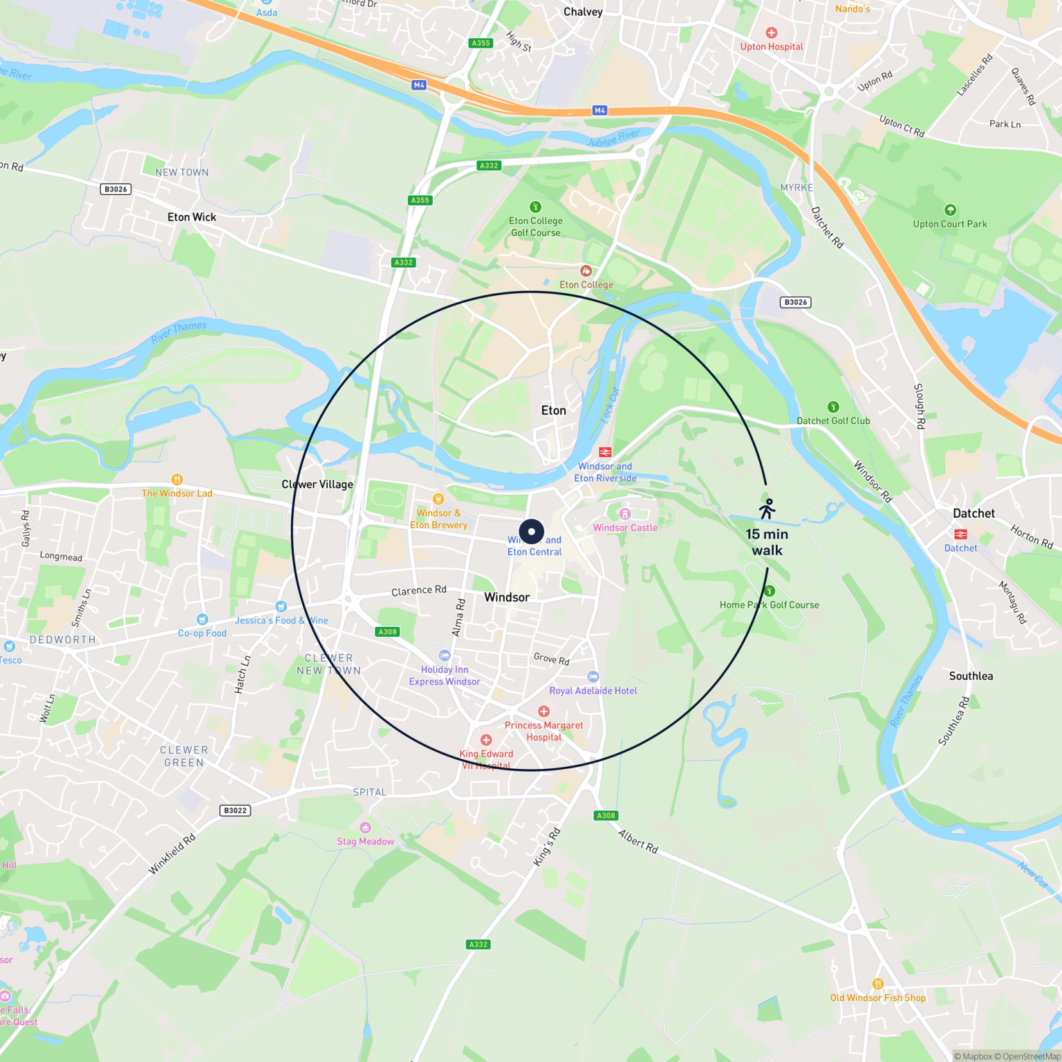 Map showing the location of Unit 16a Goswell Hill, Windsor, SL4 1RH and the surrounding 15 minute walk area.