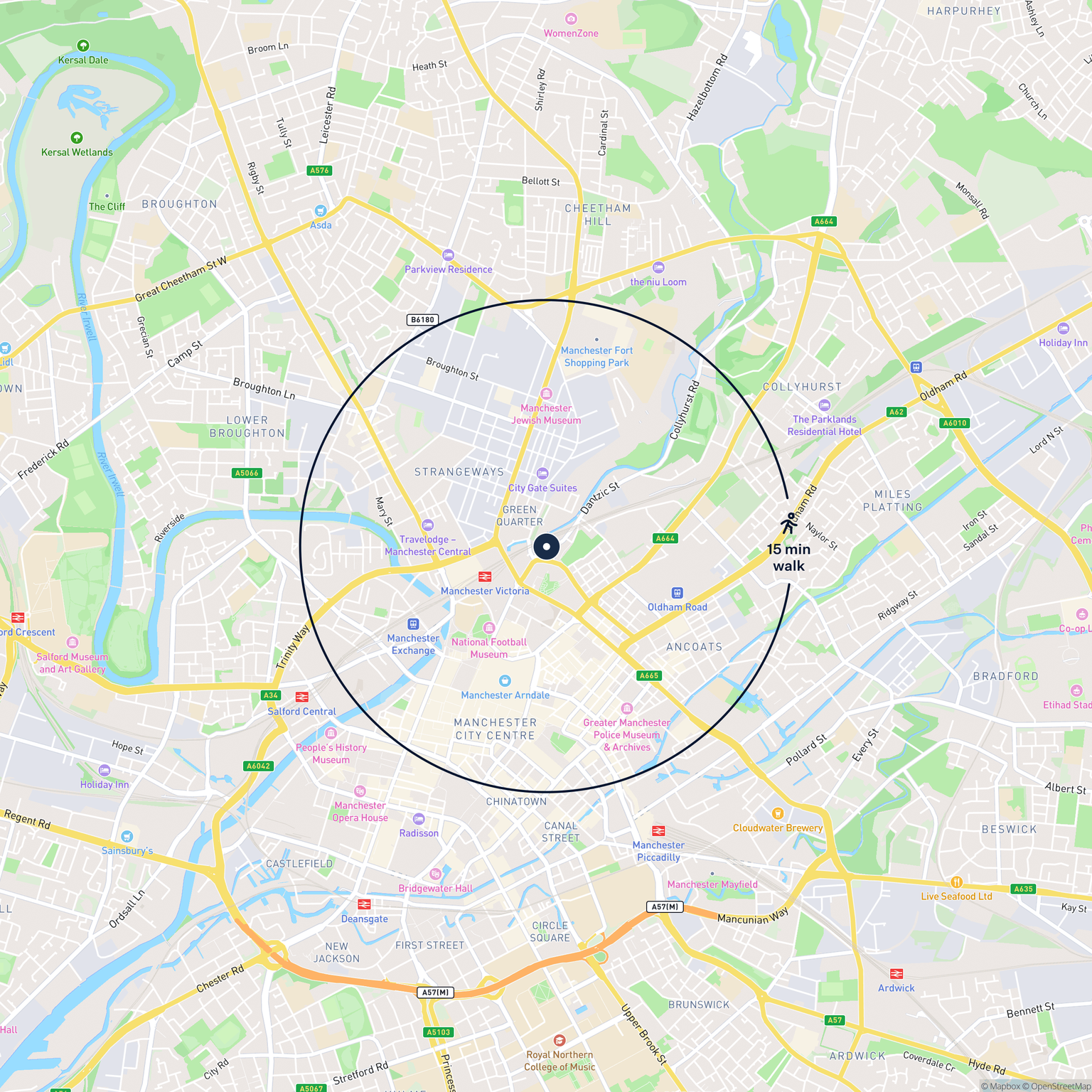 Map showing the location of 3 Corporation Street, Manchester, M4 4DG and the surrounding 15 minute walk area.