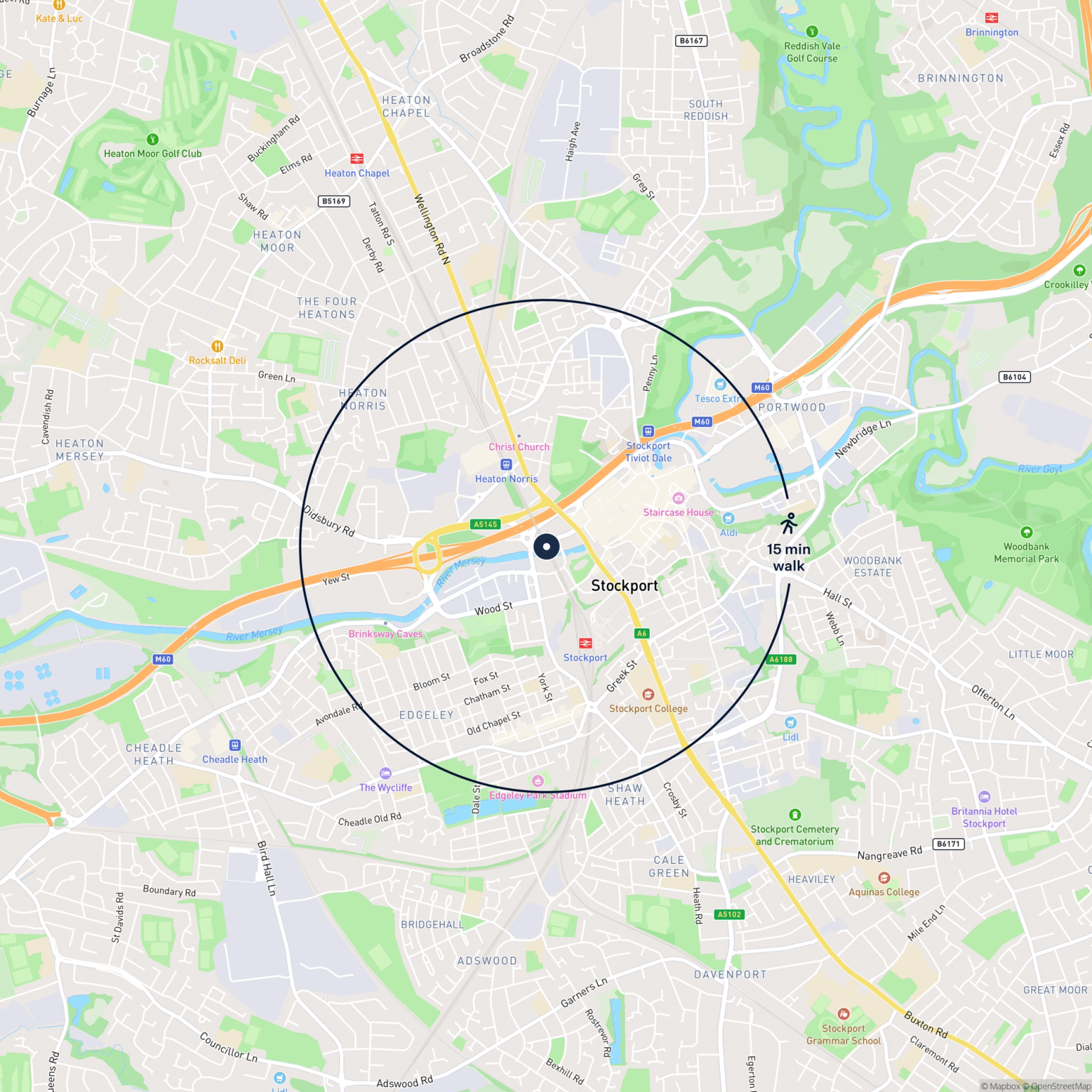 Map showing the location of 15 Heaton lane , Stockport, SK4 1AR and the surrounding 15 minute walk area.