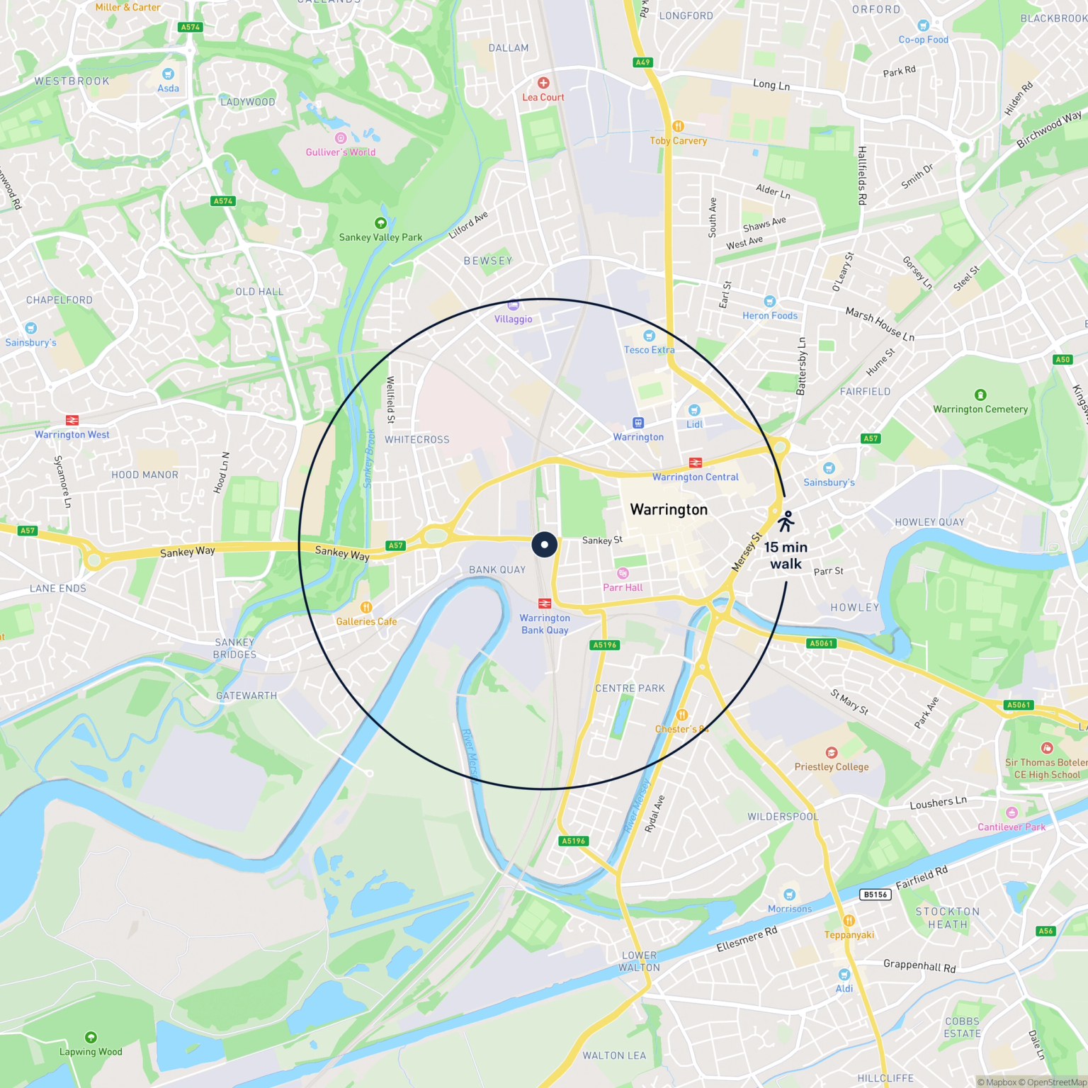 Map showing the location of Offices at Parker Street, Warrington, WA1 1LT and the surrounding 15 minute walk area.