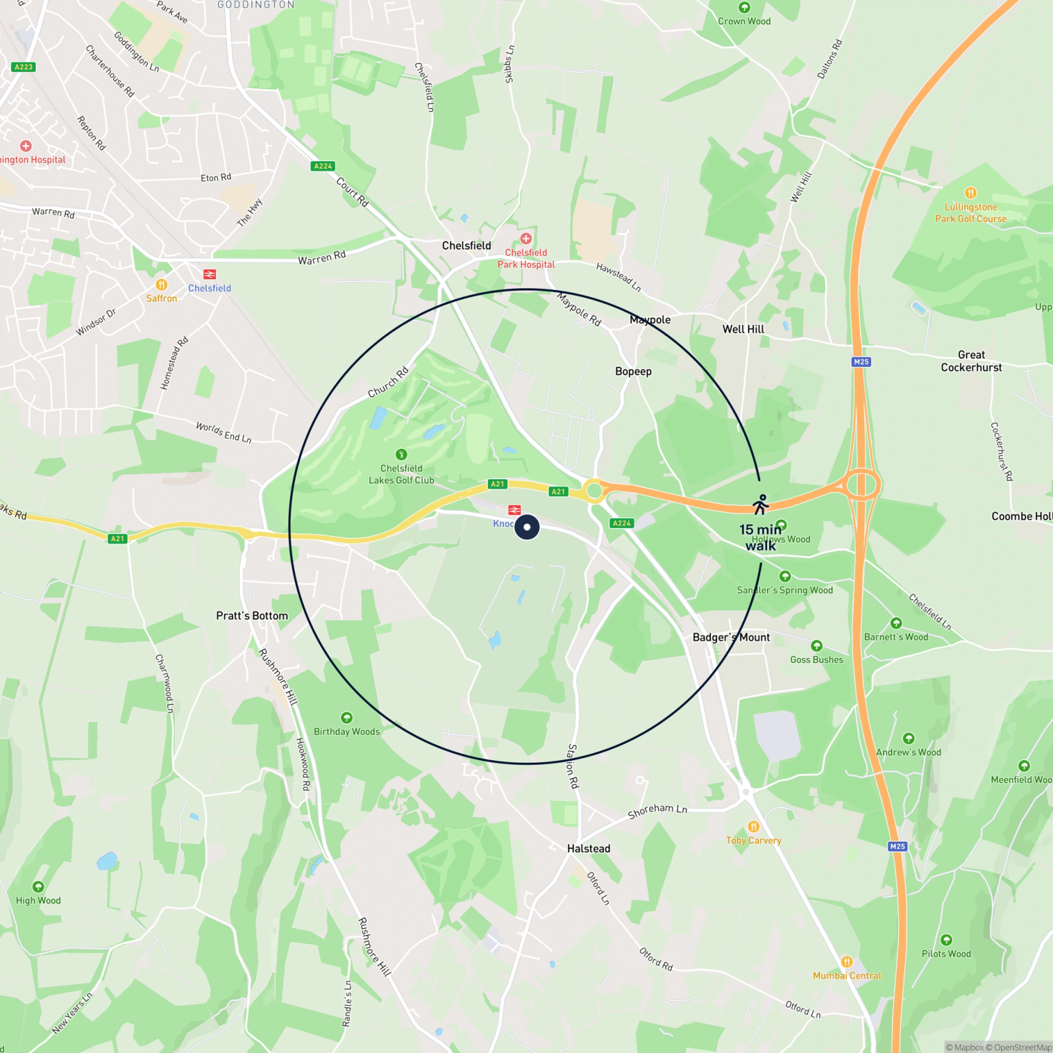 Map showing the location of Land at Knockholt Station, Knockholt, Halstead, TN14 7HR and the surrounding 15 minute walk area.
