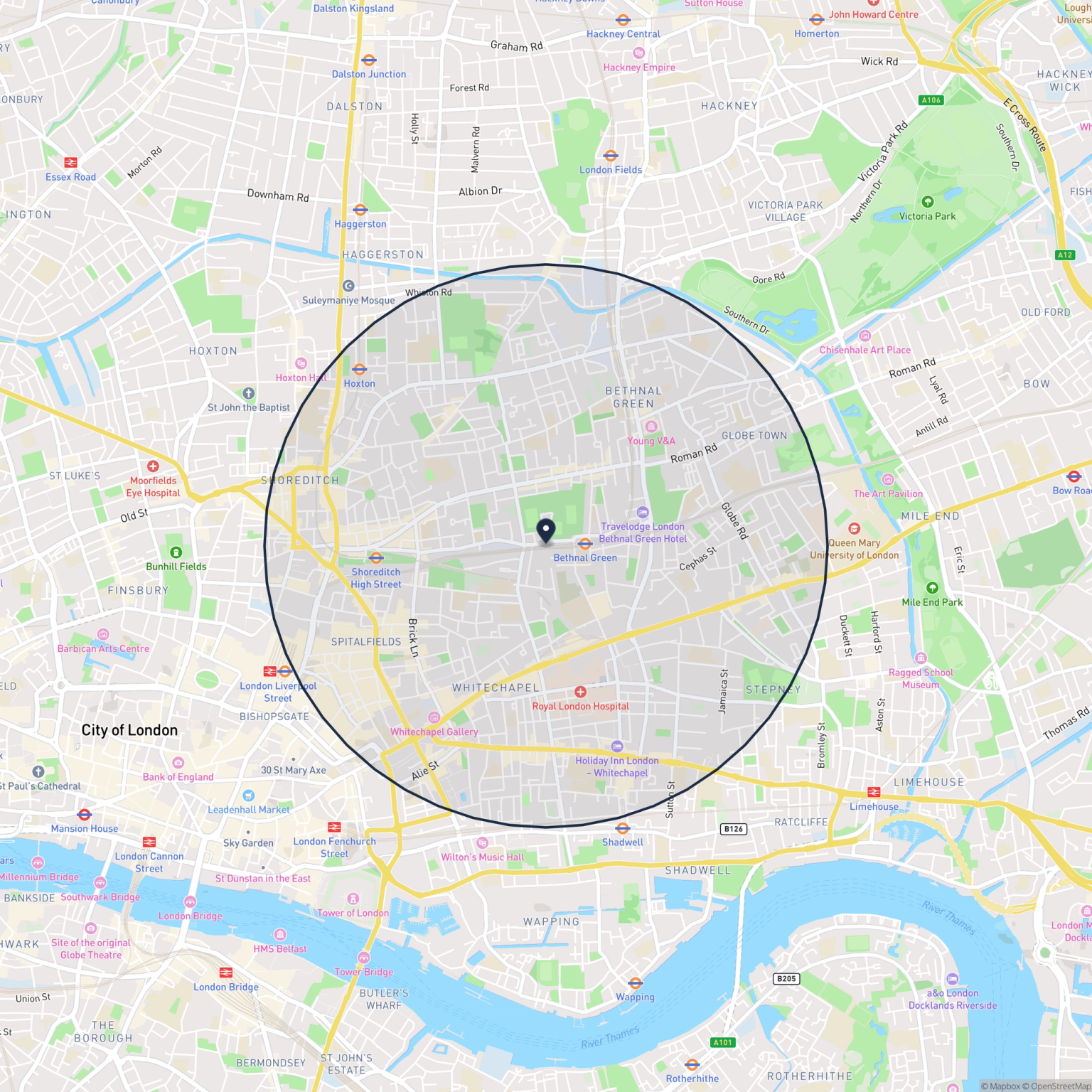 Map showing the location of 83 Dunbridge Street, London, E2 6JG and the surrounding 15 minute walk area.
