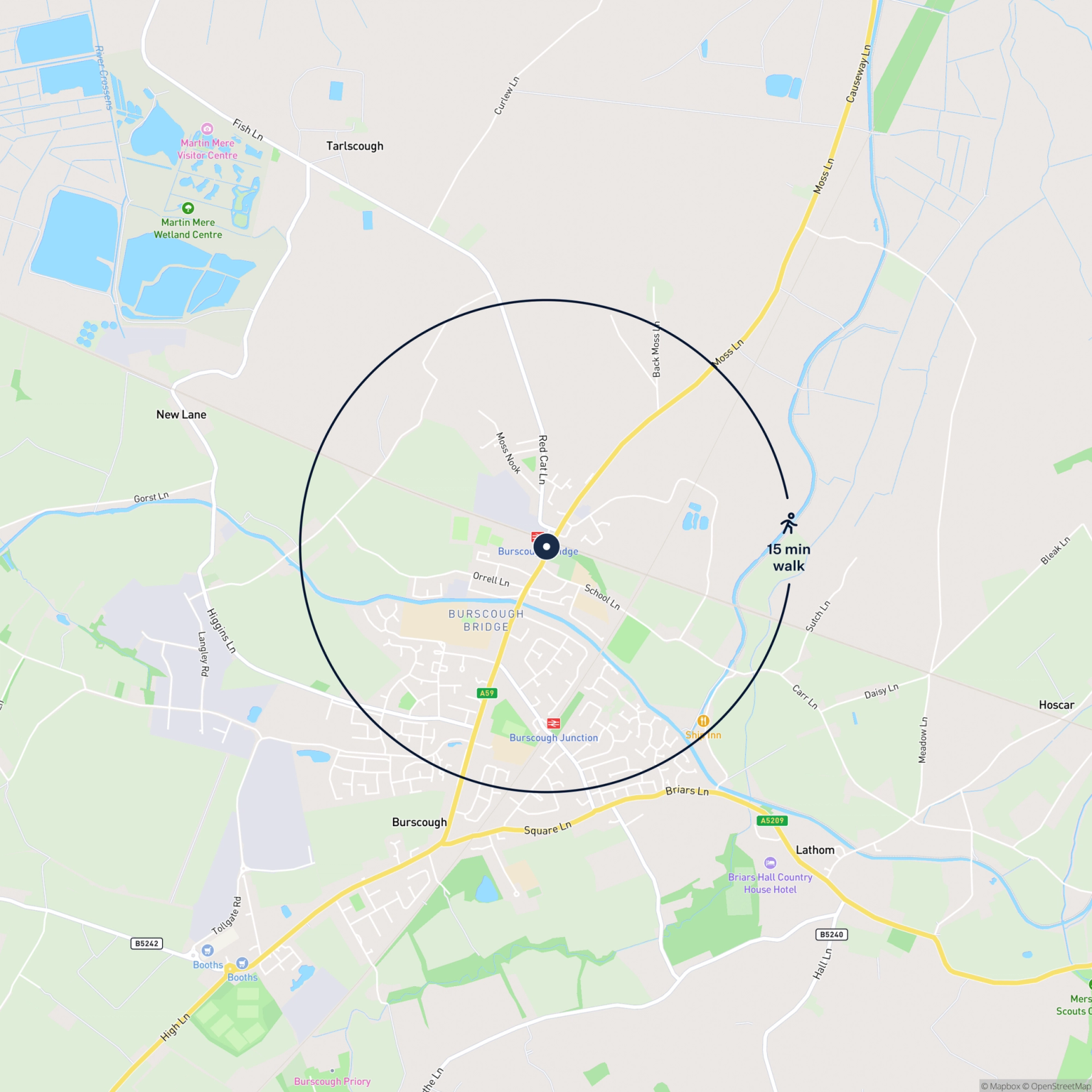 Map showing the location of 1- 3 and Land, Liverpool Rd, Burscough, Ormskirk, L40 0RZ and the surrounding 15 minute walk area.