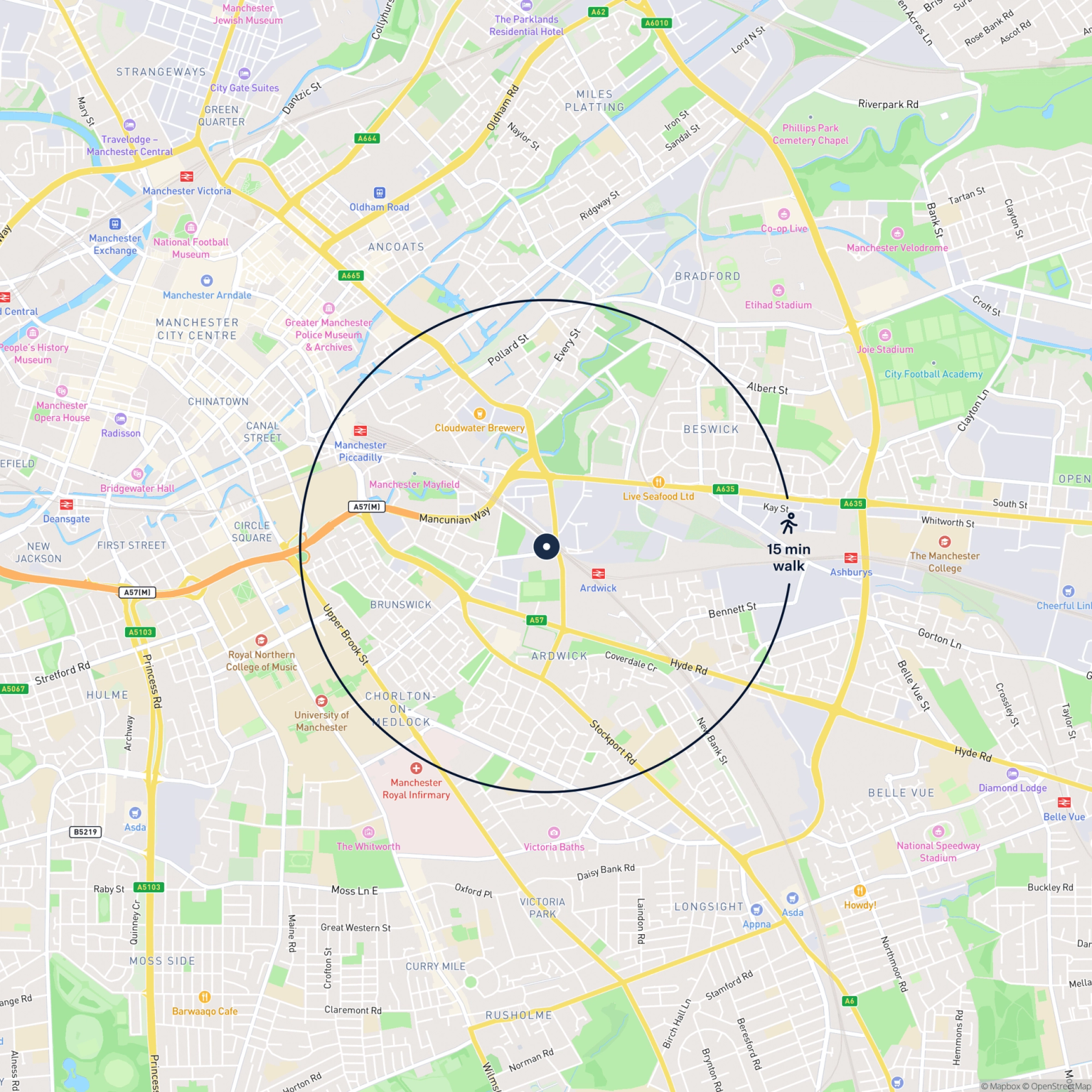 Map showing the location of 60 Temperance Street, Manchester, M12 6DP and the surrounding 15 minute walk area.