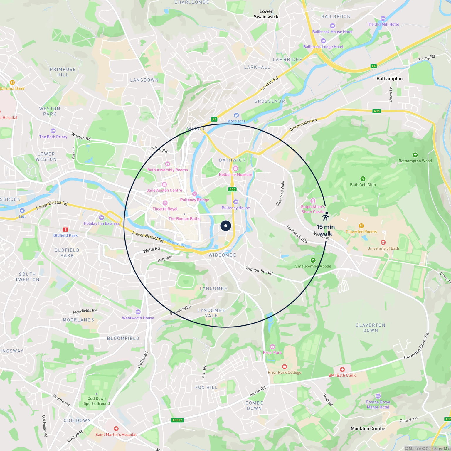 Map showing the location of Unit 12 Ferry Court, Bath, BA2 4JW and the surrounding 15 minute walk area.