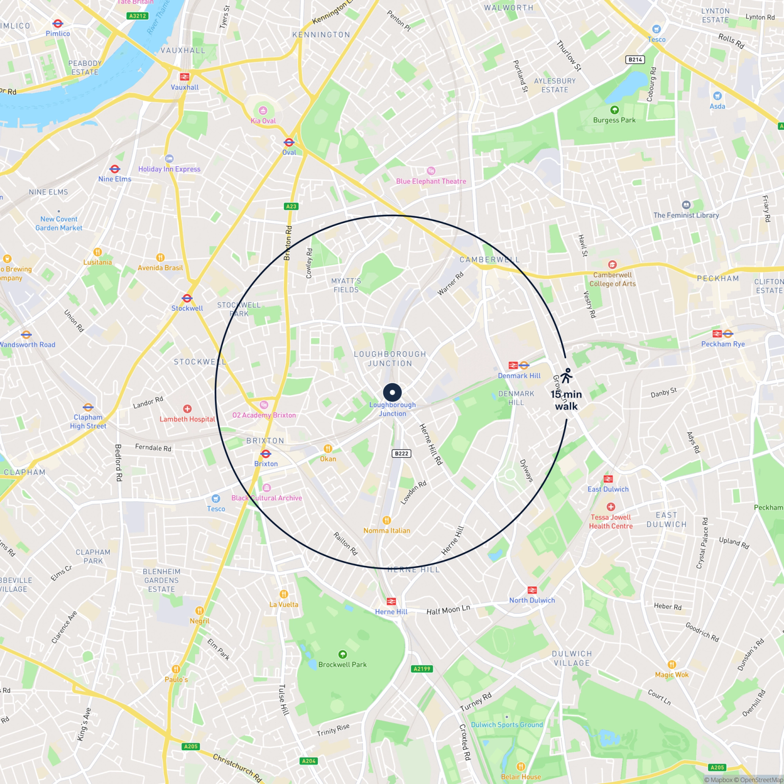 Map showing the location of 459 and 460 Station Passage, Loughborough Junction, SW9 7EU and the surrounding 15 minute walk area.