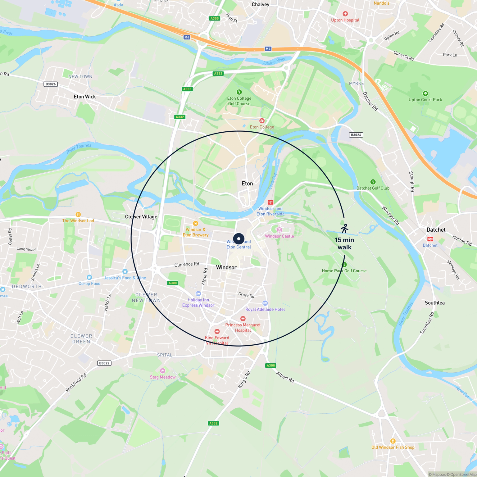 Map showing the location of Unit 13a Goswell Hill, Windsor, SL4 1RH and the surrounding 15 minute walk area.