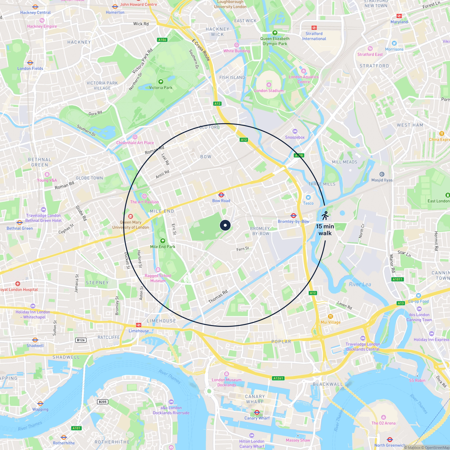 Map showing the location of Unit 35 Bow Triangle, Eleanor Street, London, E3 4UR and the surrounding 15 minute walk area.