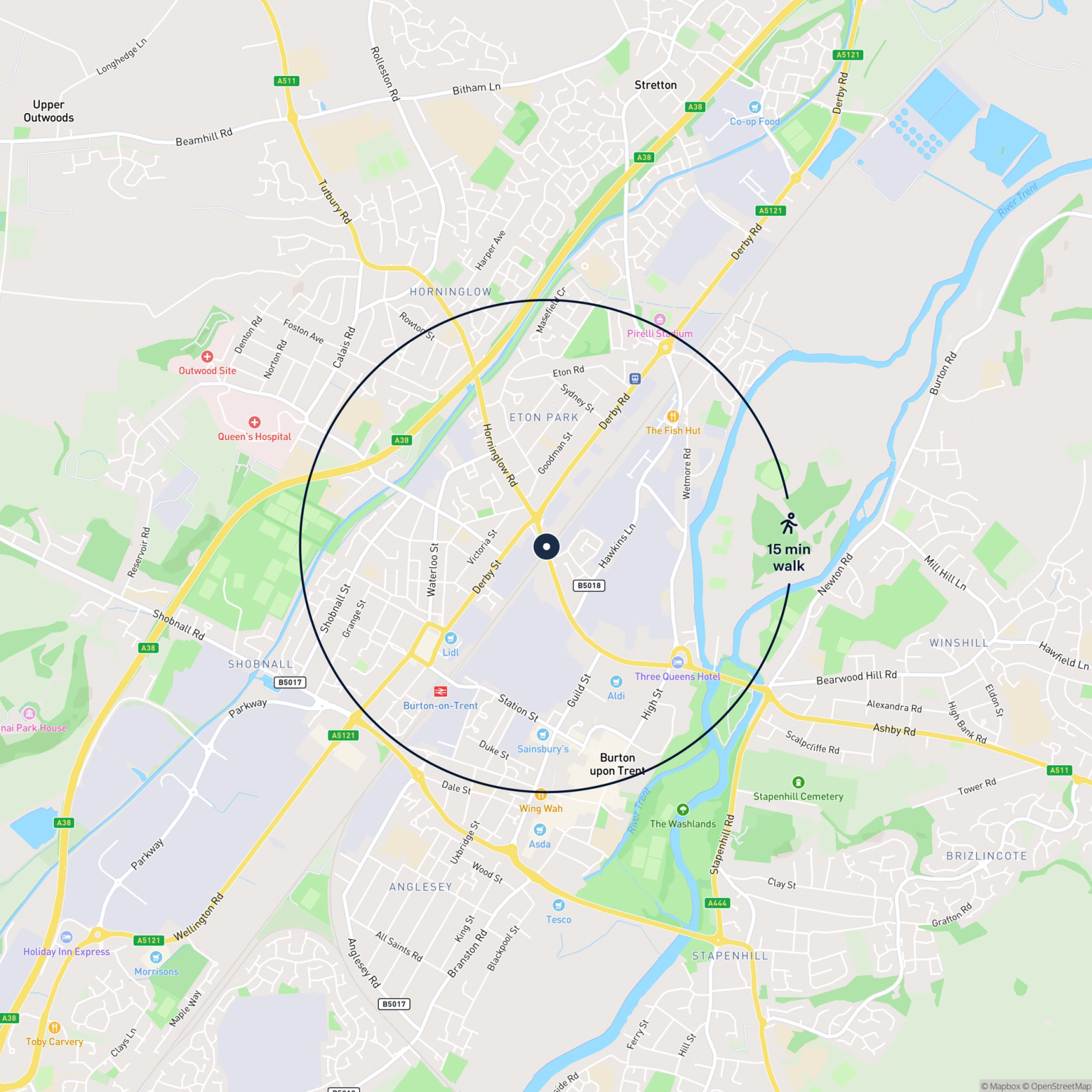 Map showing the location of Land and Arches 3 Horninglow Street, Burton-On-Trent, DE14 1PP and the surrounding 15 minute walk area.