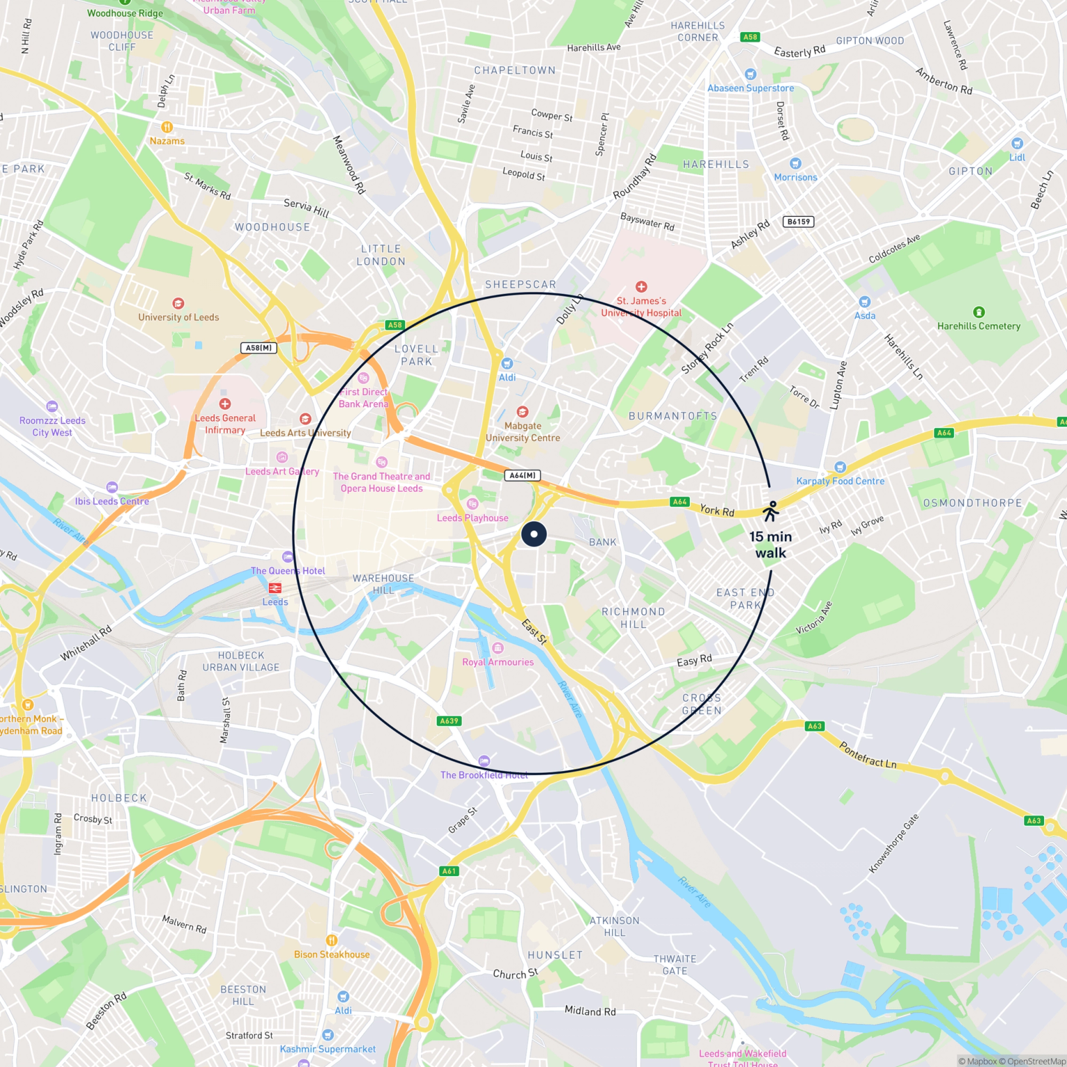 Map showing the location of 78 & 79 Railway Street, Leeds, LS9 8HB and the surrounding 15 minute walk area.