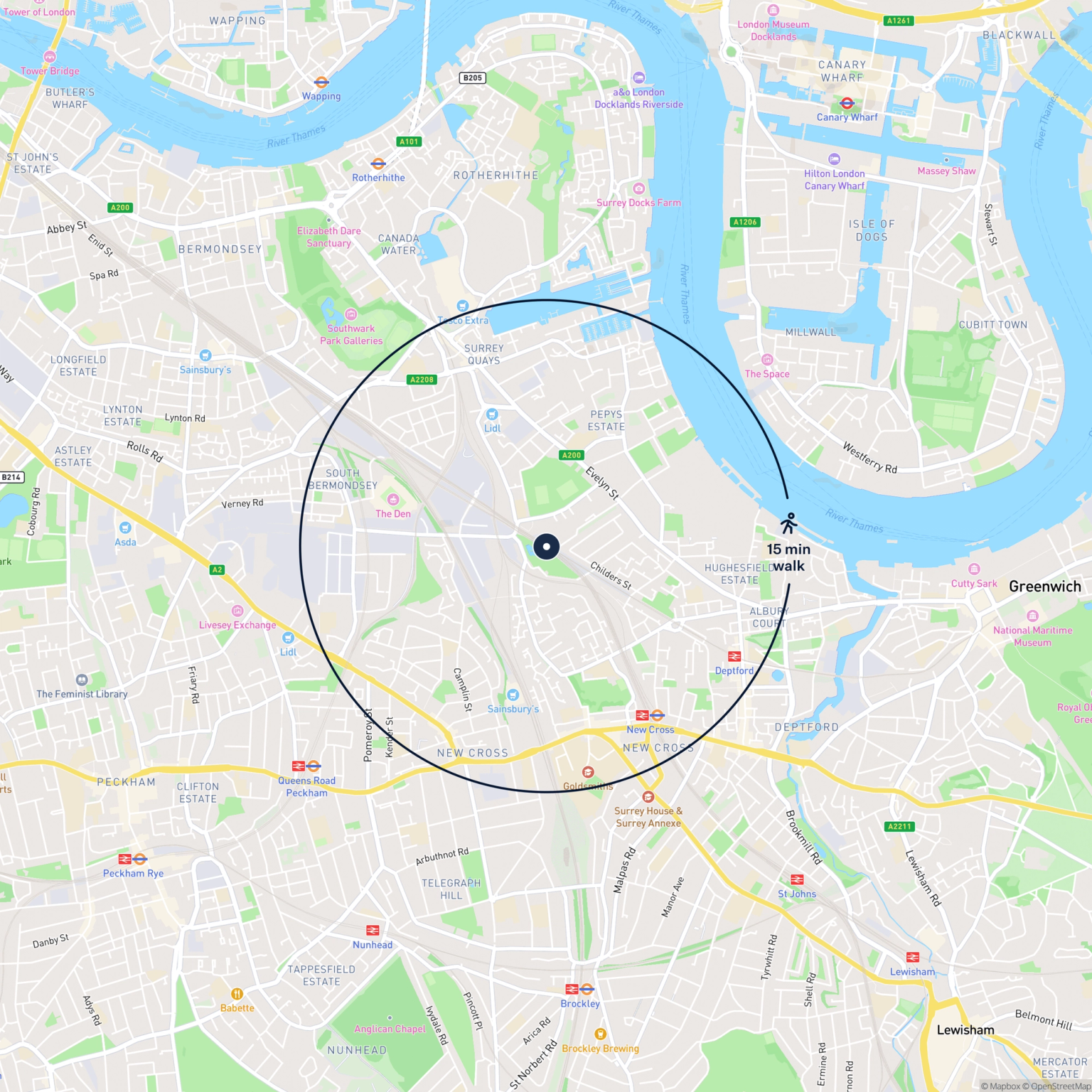 Map showing the location of 74 Parkside Business Estate, London, SE8 5HZ and the surrounding 15 minute walk area.