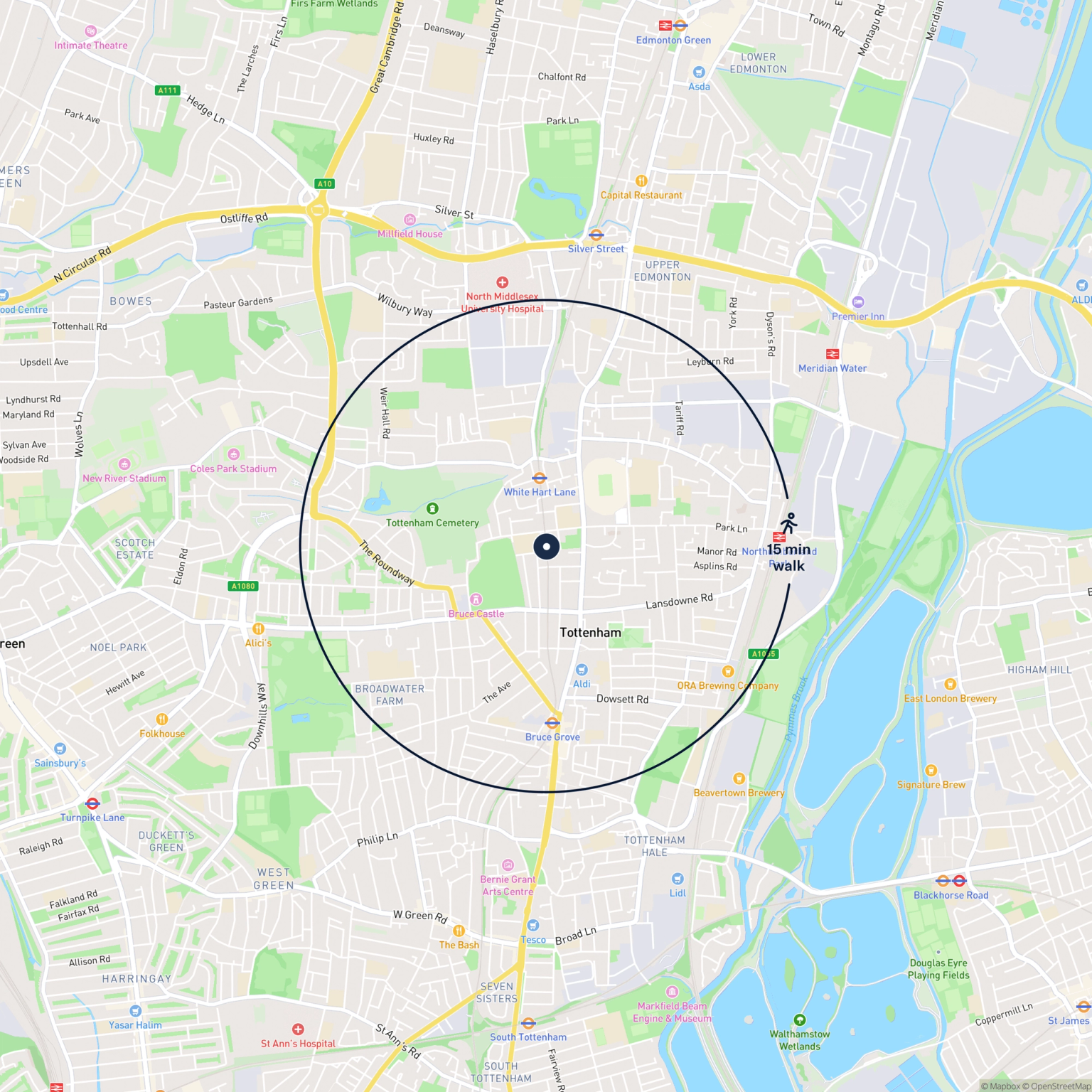 Map showing the location of 516 King Street, London, N17 8AW and the surrounding 15 minute walk area.