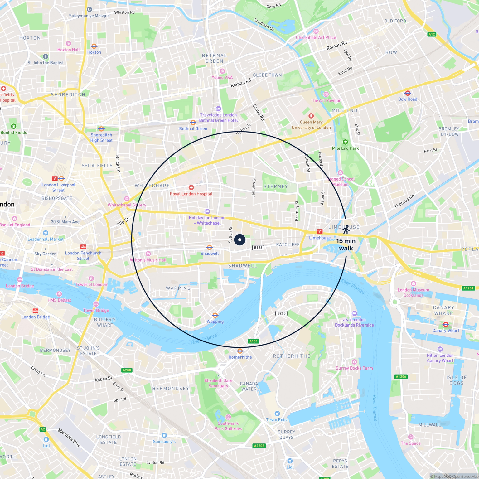 Map showing the location of 168 Lukin Street, London, E1 0BN and the surrounding 15 minute walk area.