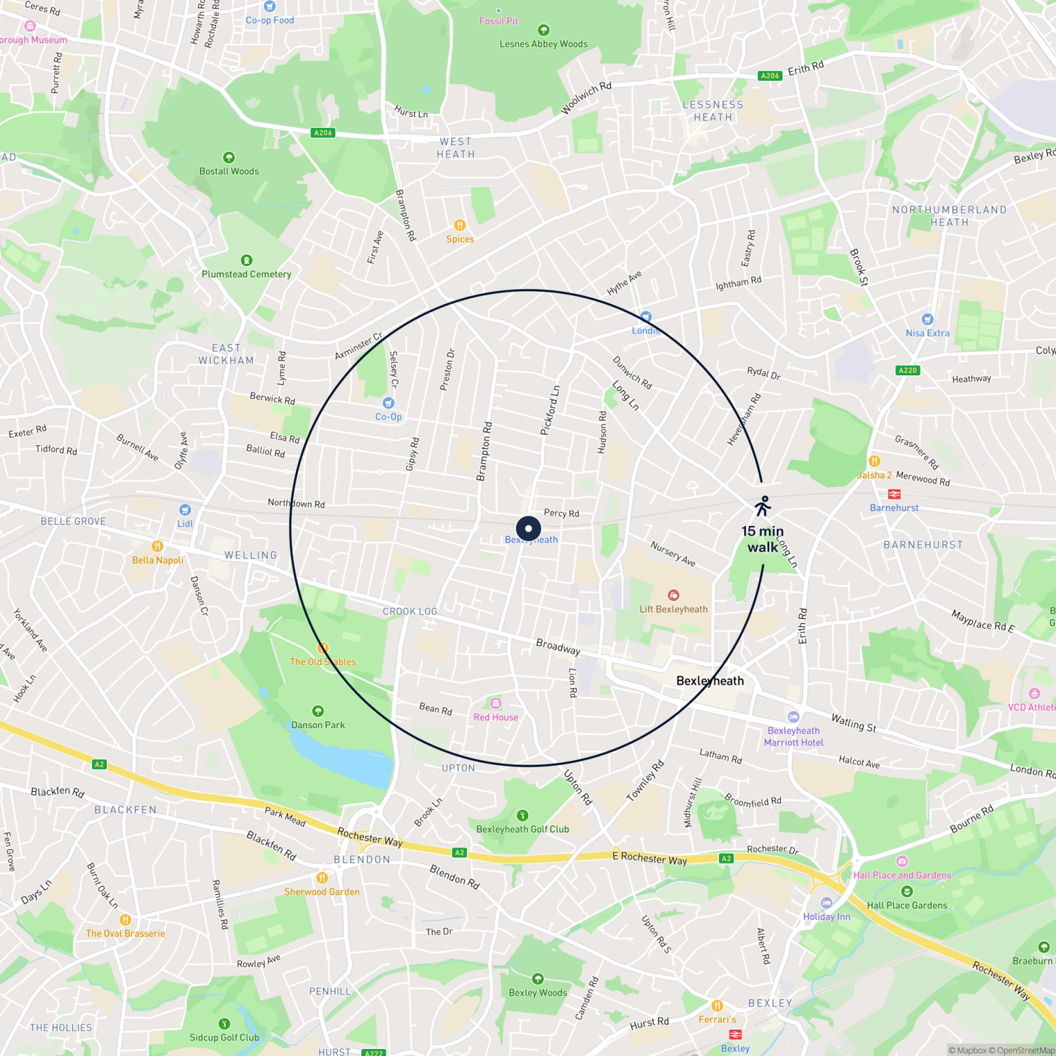 Map showing the location of Bexleyheath Station Approach , Bexleyheath, DA7 4AY and the surrounding 15 minute walk area.