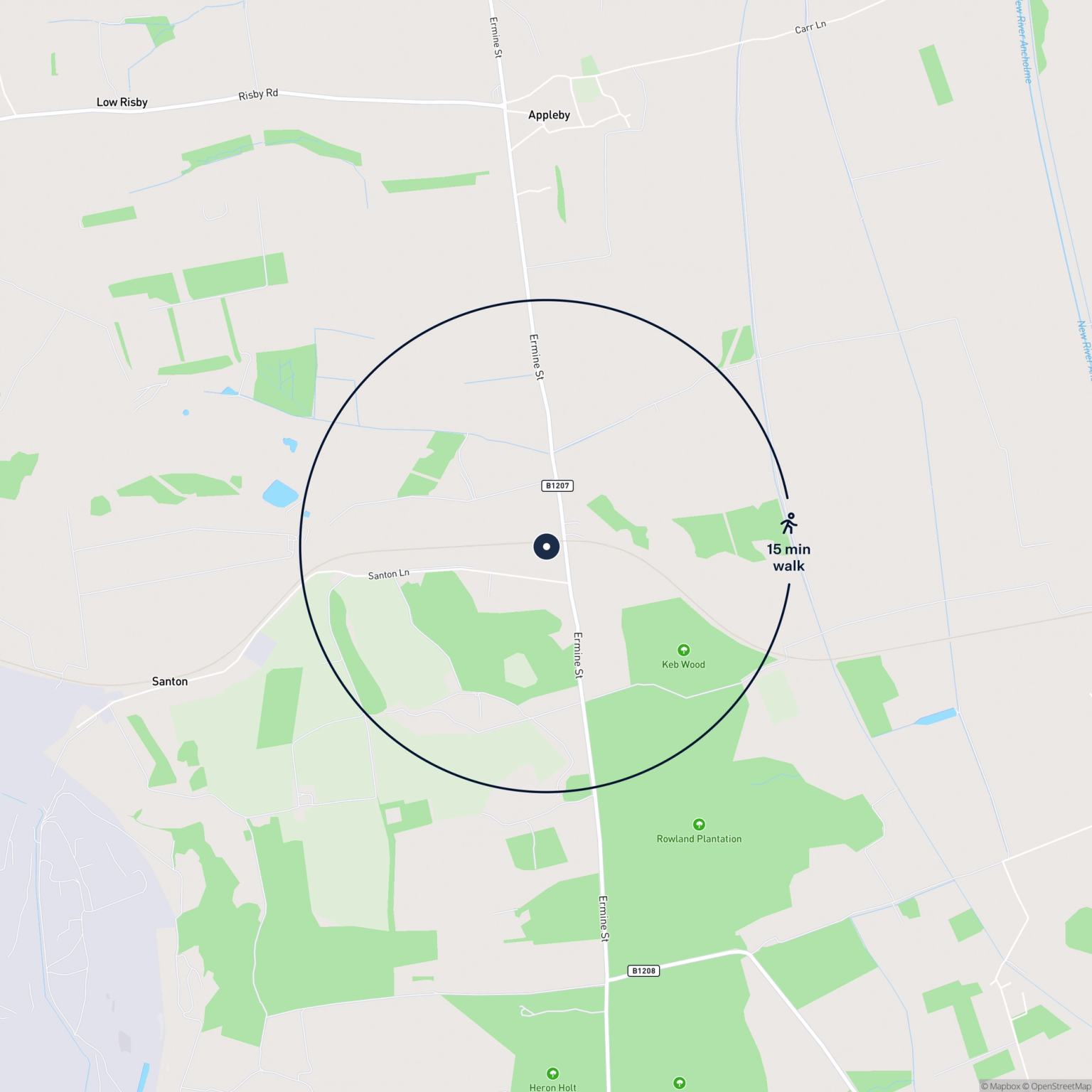 Map showing the location of Appleby Land and Goods Yard, Scunthorpe, DN15 0DA and the surrounding 15 minute walk area.