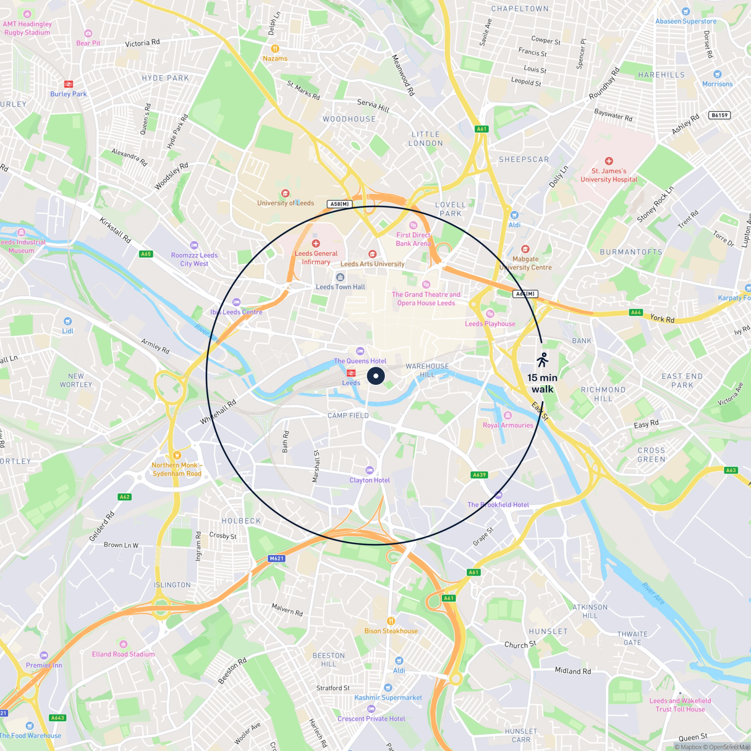 Map showing the location of 4 Sovereign Place, Leeds, LS1 4SP and the surrounding 15 minute walk area.