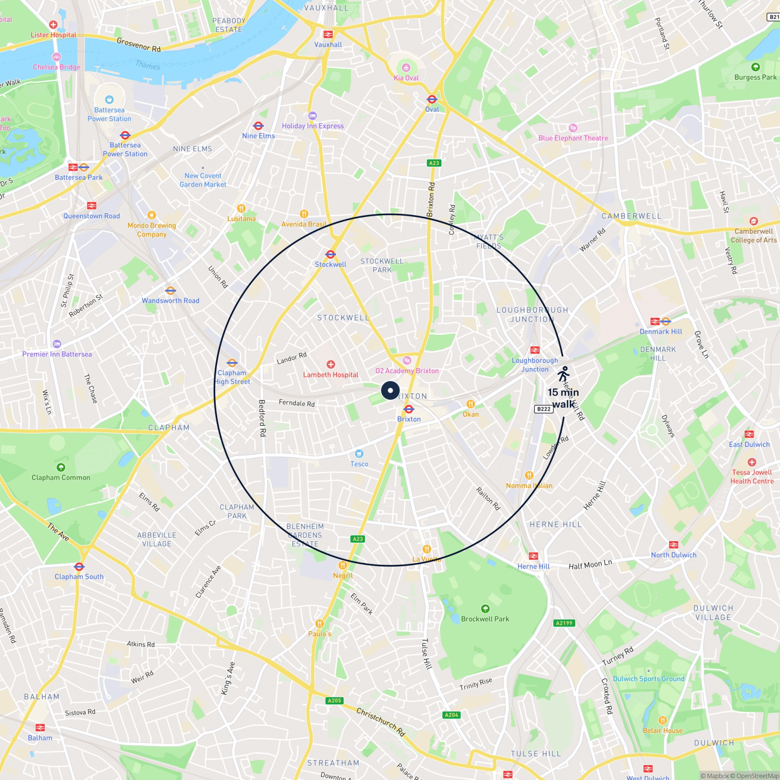 Map showing the location of 599 Nursery Yard, Brixton, London, SW9 8BA and the surrounding 15 minute walk area.