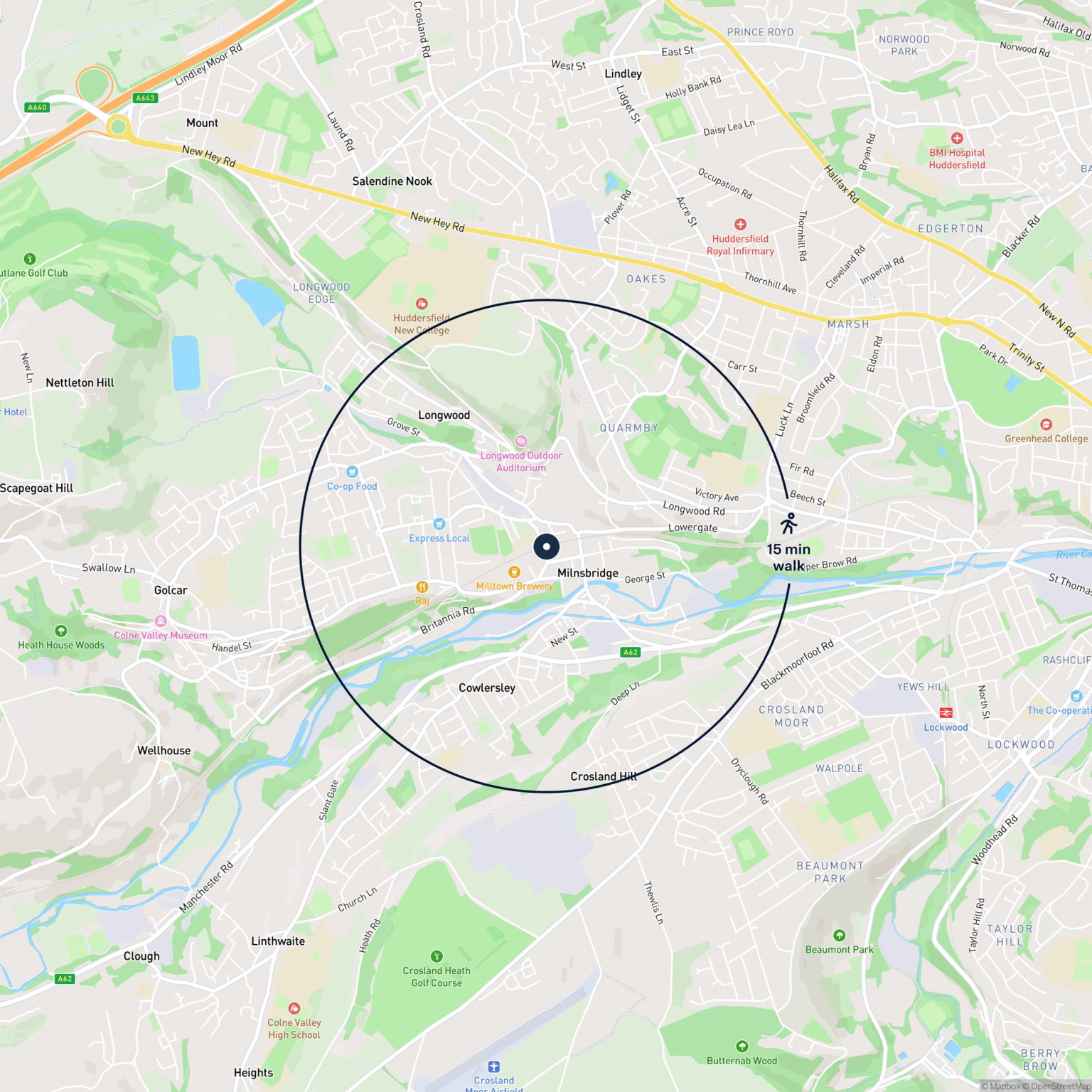 Map showing the location of 3, 4 & 5 Crow Lane & Land, Huddersfield, HD3 4QT and the surrounding 15 minute walk area.