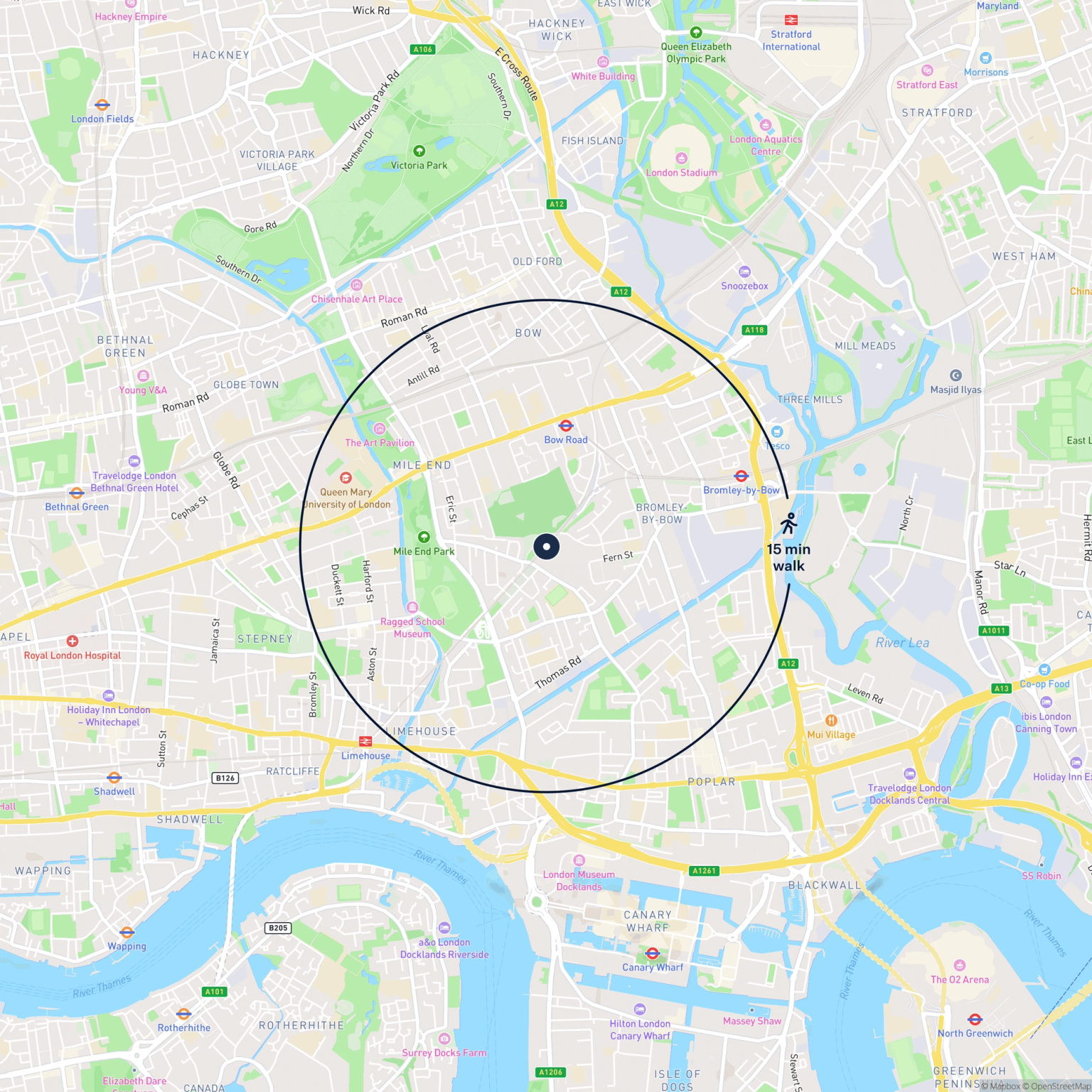 Map showing the location of 476 Cantrell Road, London, E3 4BN and the surrounding 15 minute walk area.