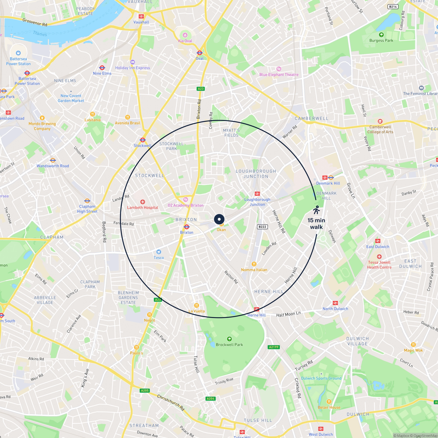 Map showing the location of 554 Brixton Station Road, London, SW9 8PF and the surrounding 15 minute walk area.