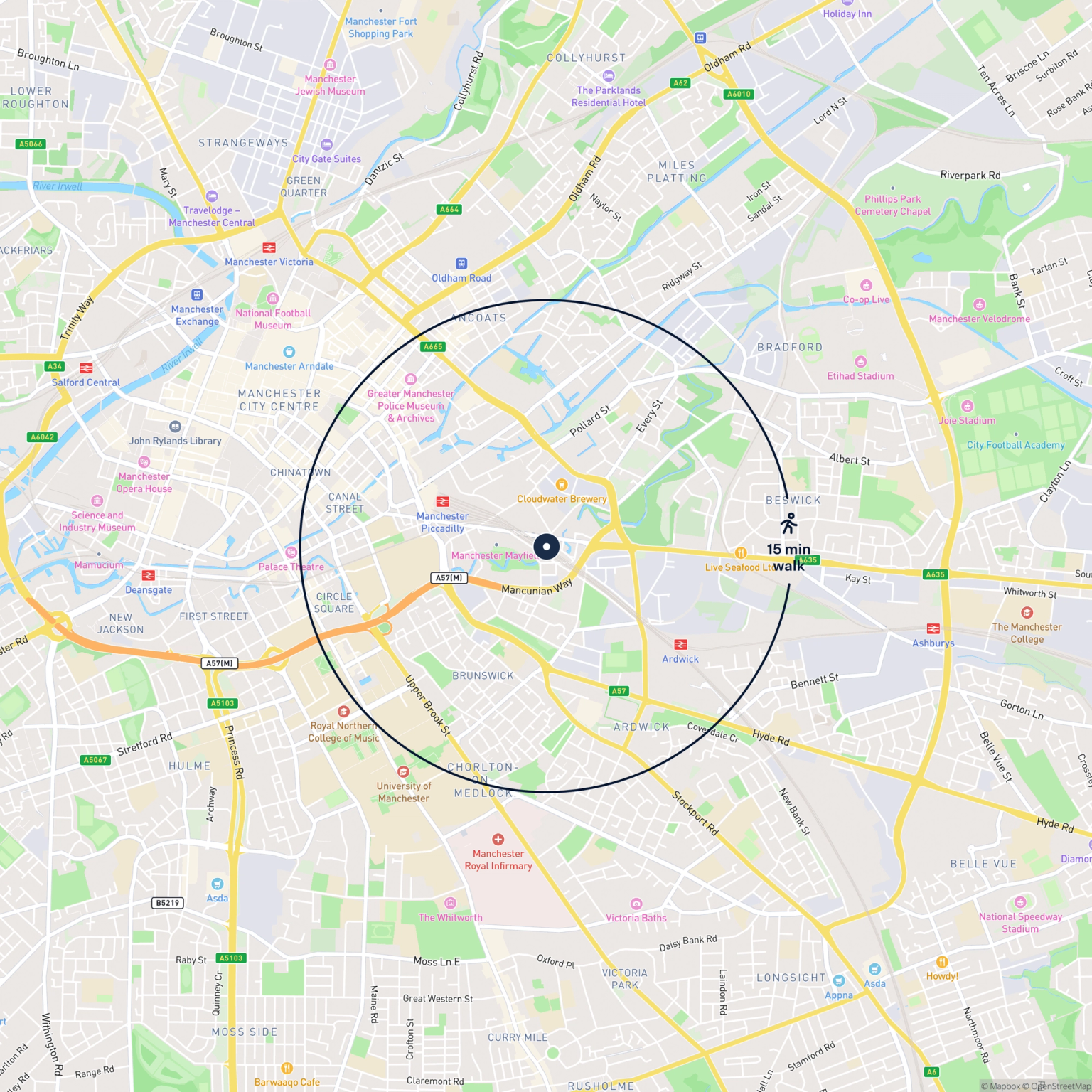 Map showing the location of 101 North Western Street, Manchester, M12 6JL and the surrounding 15 minute walk area.