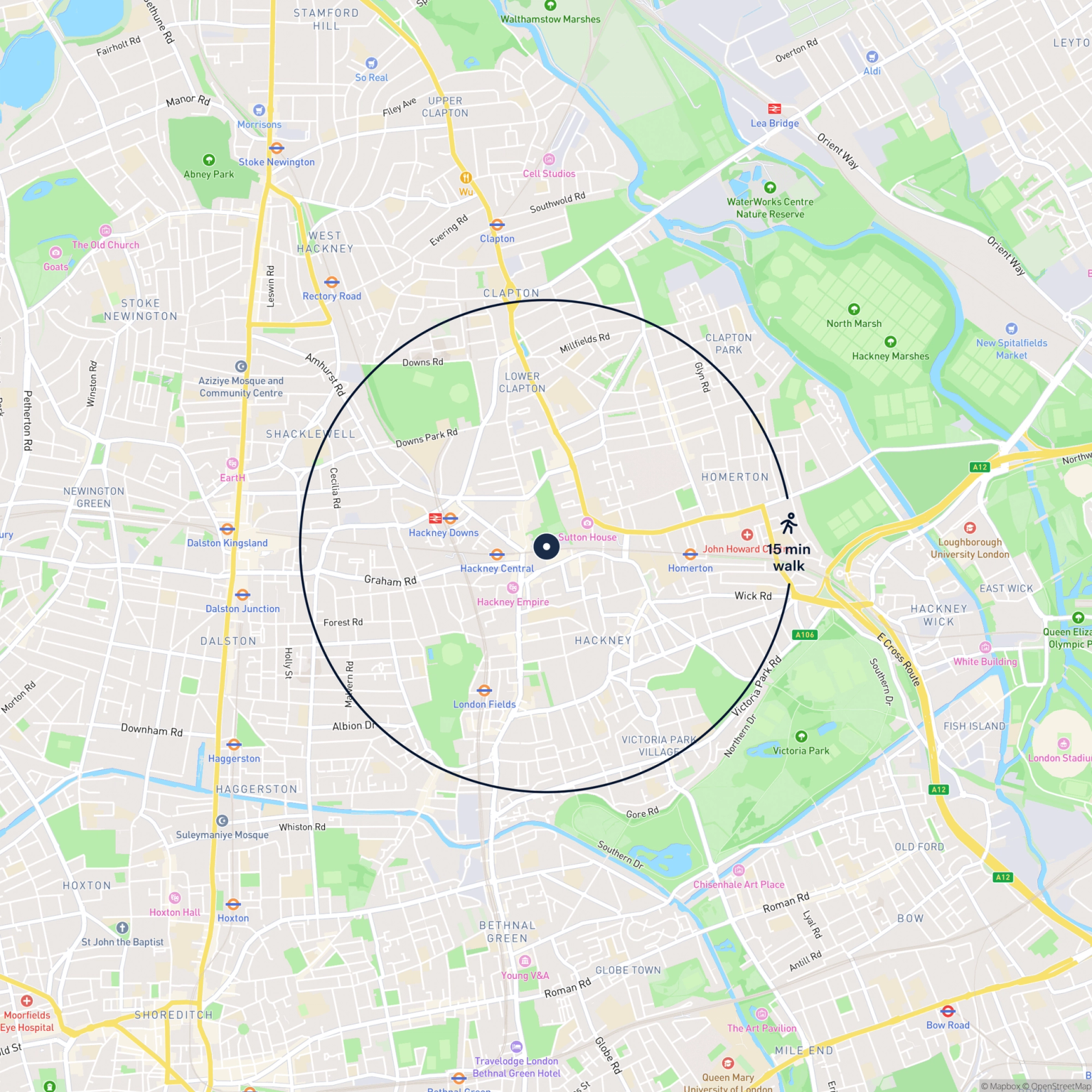 Map showing the location of 10 Bohemia Place, London, E8 1DU and the surrounding 15 minute walk area.
