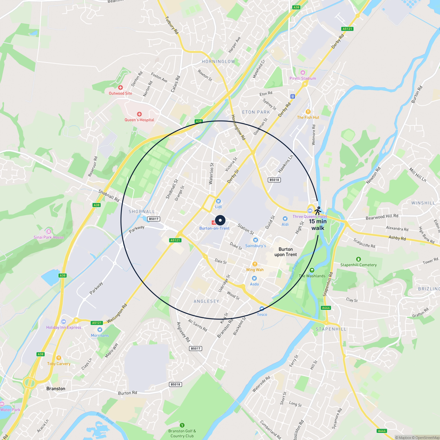 Map showing the location of Unit 13 Off Station Street, Burton-On-Trent, DE14 2DA and the surrounding 15 minute walk area.