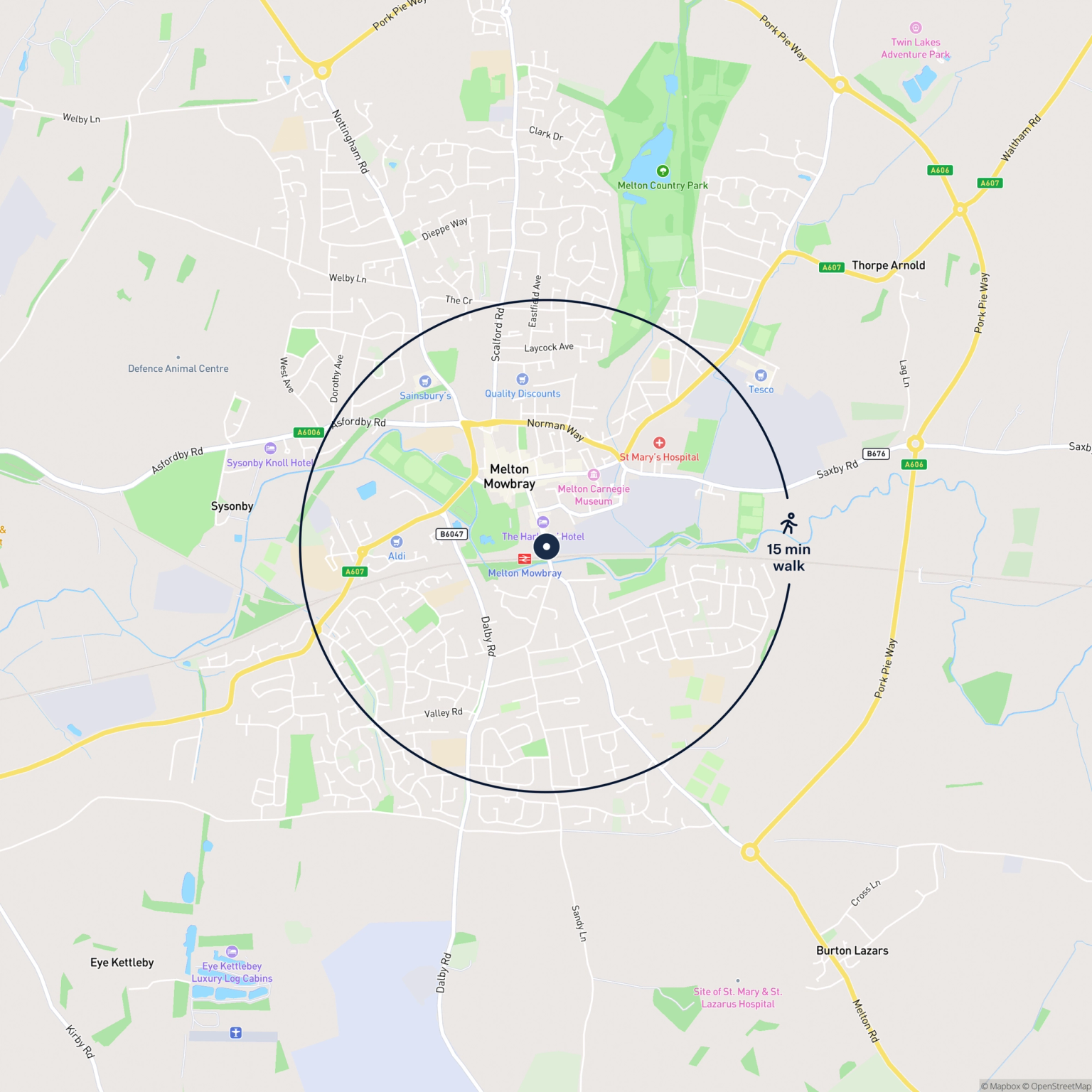 Map showing the location of Unit 5 Station Yard, Melton Mowbray, LE13 1AF and the surrounding 15 minute walk area.