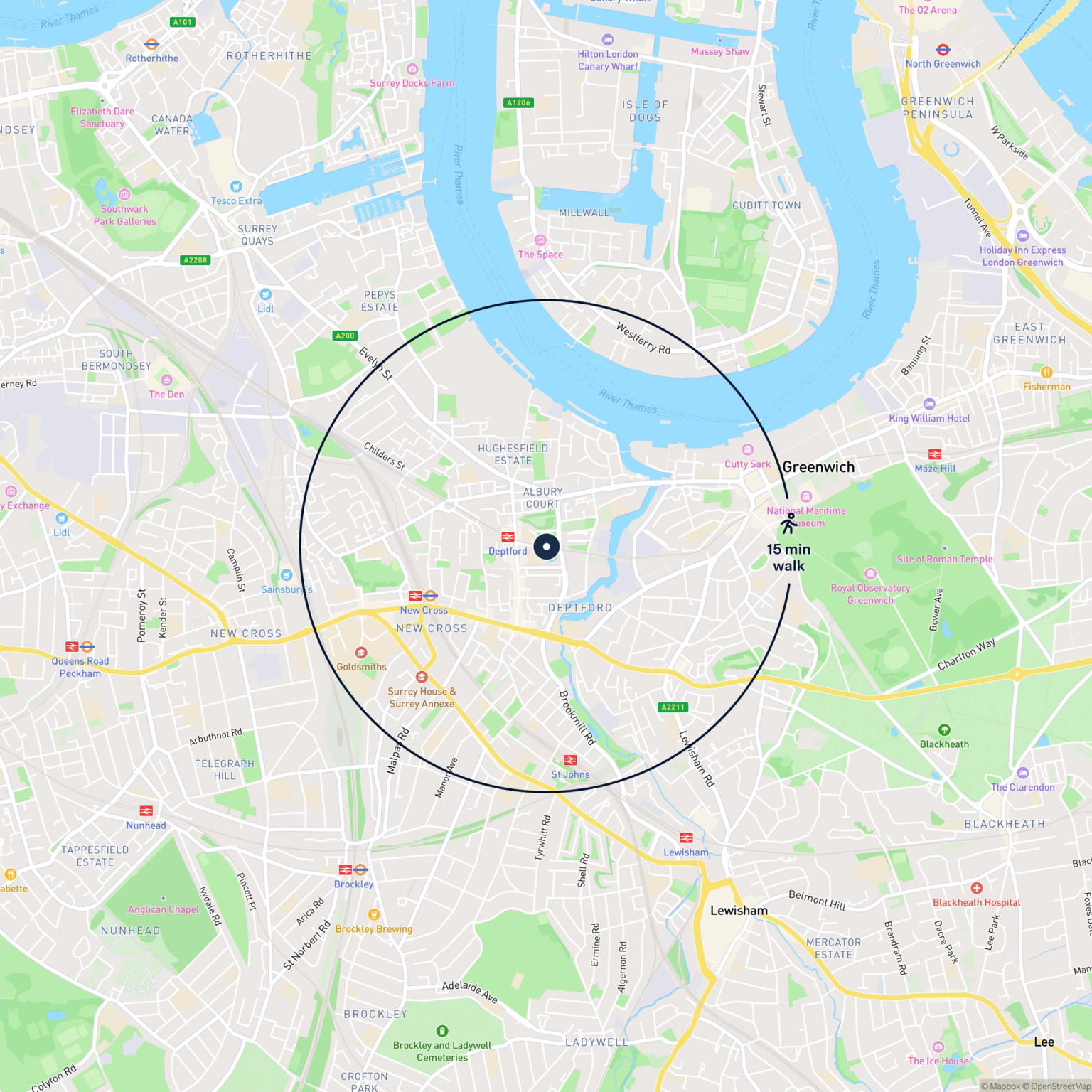Map showing the location of 20 Resolution Way, London, SE8 4NT and the surrounding 15 minute walk area.
