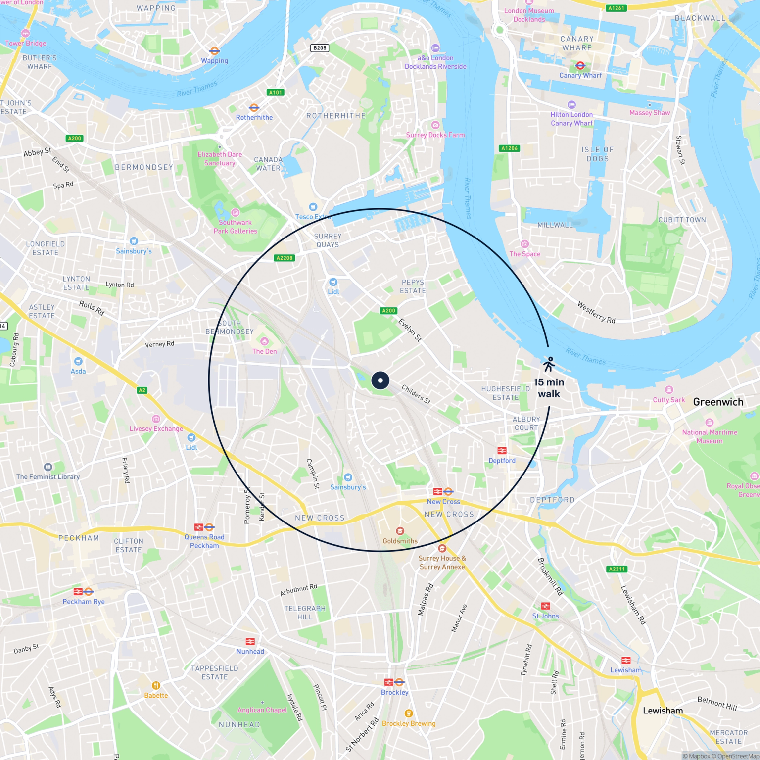 Map showing the location of 62 Parkside Business Estate, London, SE8 5JA and the surrounding 15 minute walk area.