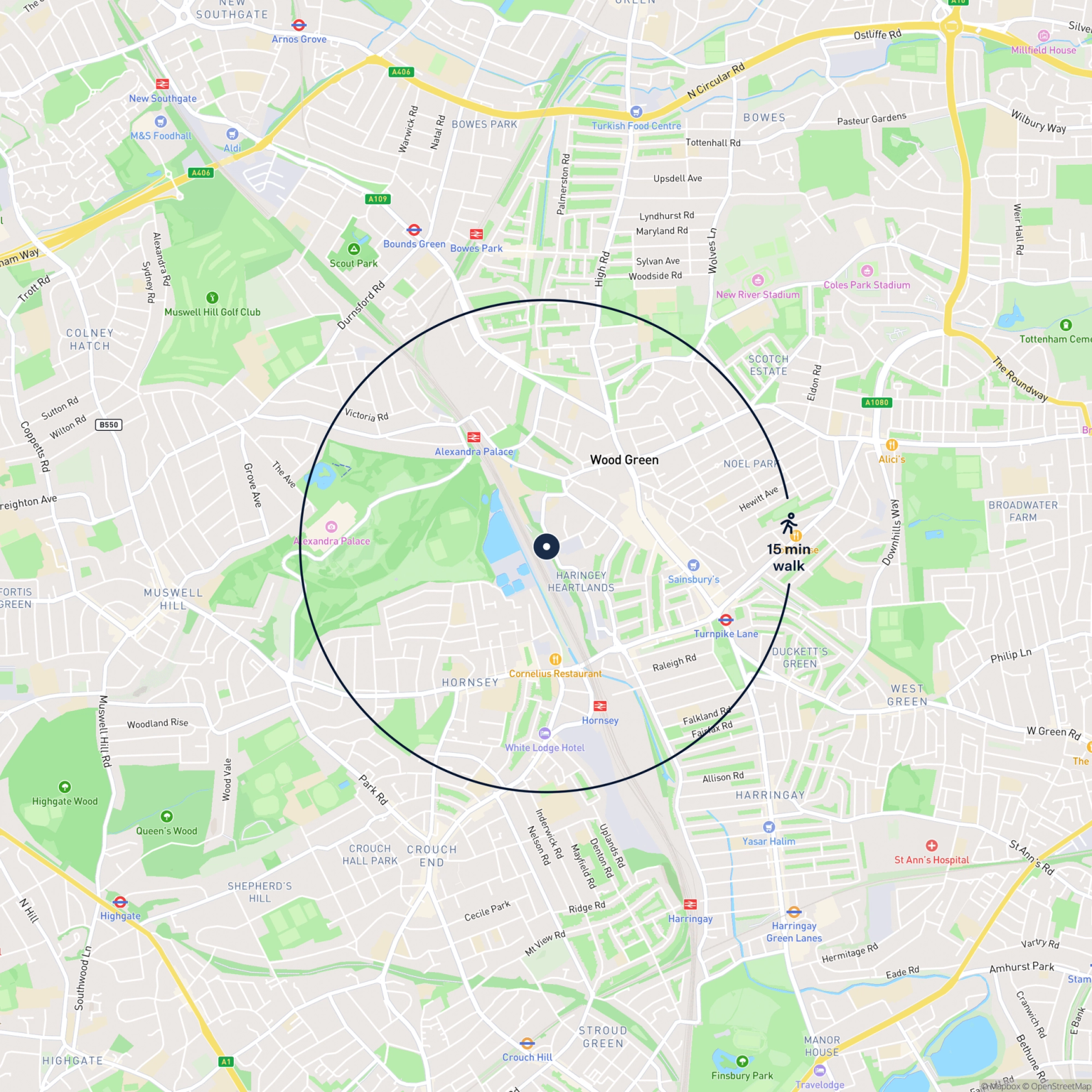 Map showing the location of Land fronting Western Road, London, N22 6UB and the surrounding 15 minute walk area.