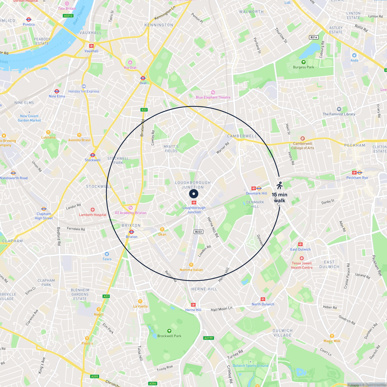 Map showing the location of 447 & 481 Wickwood Street, London, SE5 9DL and the surrounding 15 minute walk area.