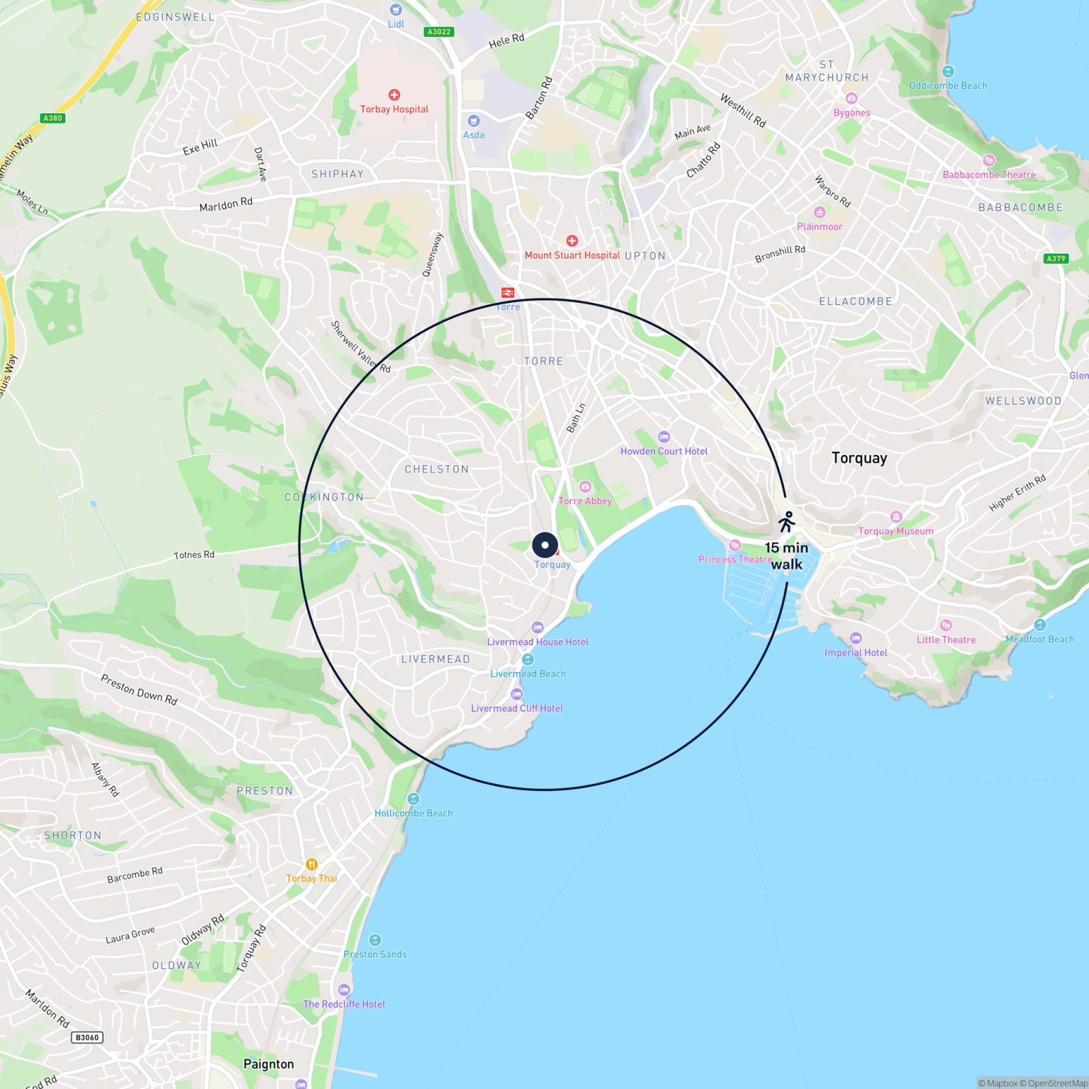 Map showing the location of Unit 6, Station Building, Solsbro Road, Torquay, TQ2 6NU and the surrounding 15 minute walk area.