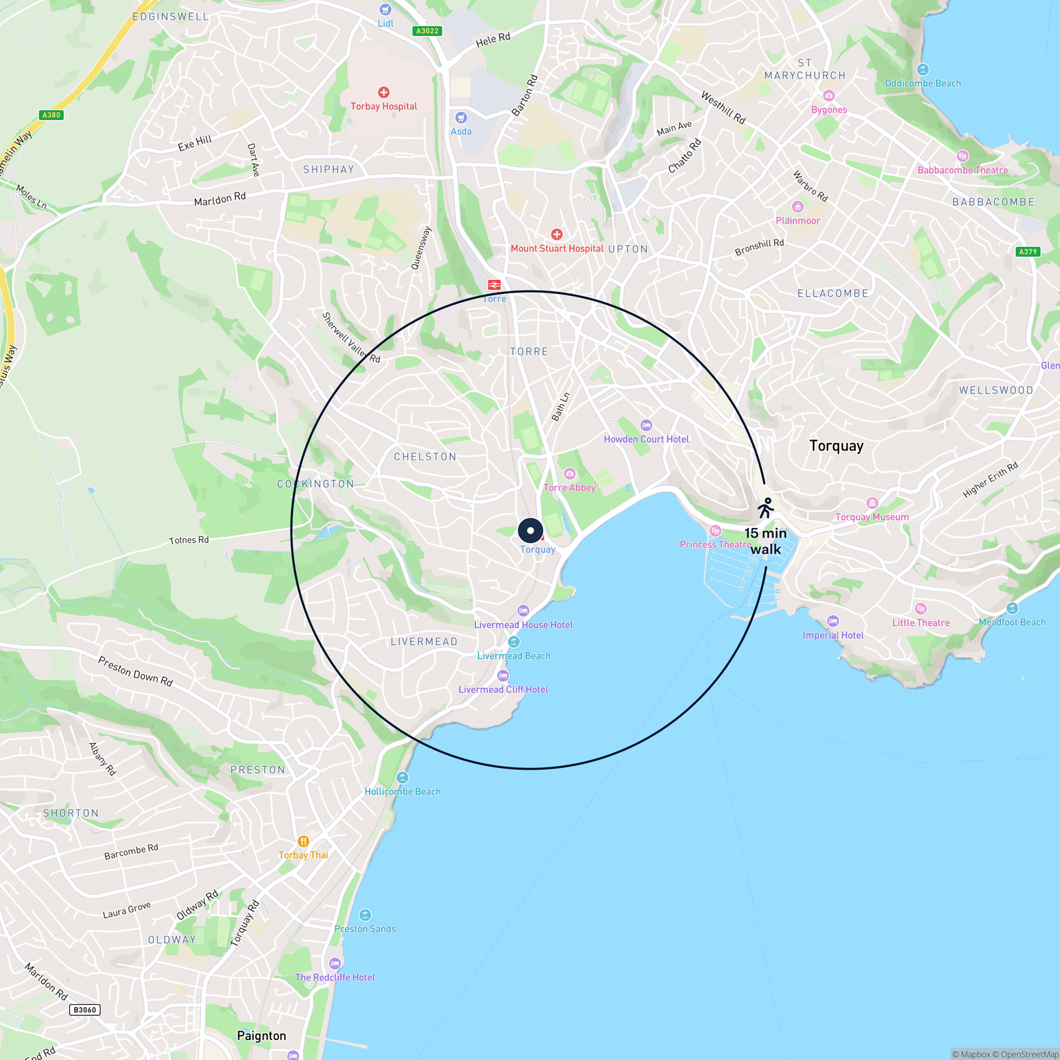 Map showing the location of Unit 6, Station Building, Solsbro Road, Torquay, TQ2 6NU and the surrounding 15 minute walk area.