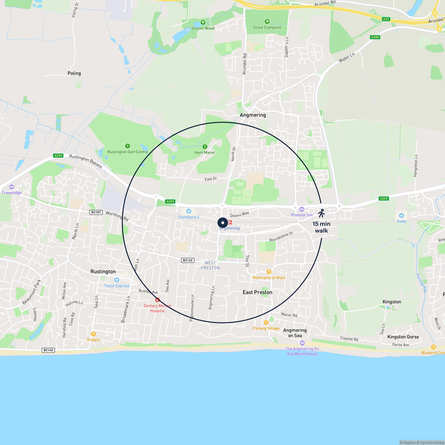 Map showing the location of Land Opposite Angmering Railway Station, Angmering, BN16 3RE and the surrounding 15 minute walk area.