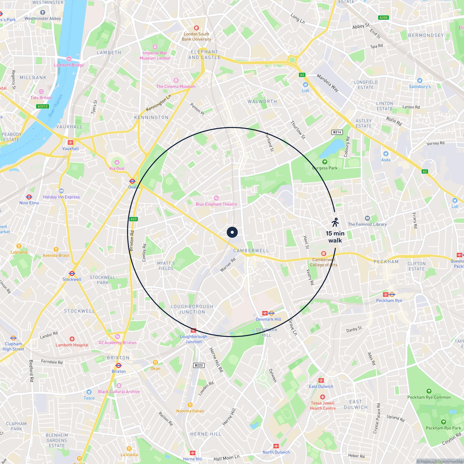 Map showing the location of 331 Blucher Road, London, SE5 0LH and the surrounding 15 minute walk area.