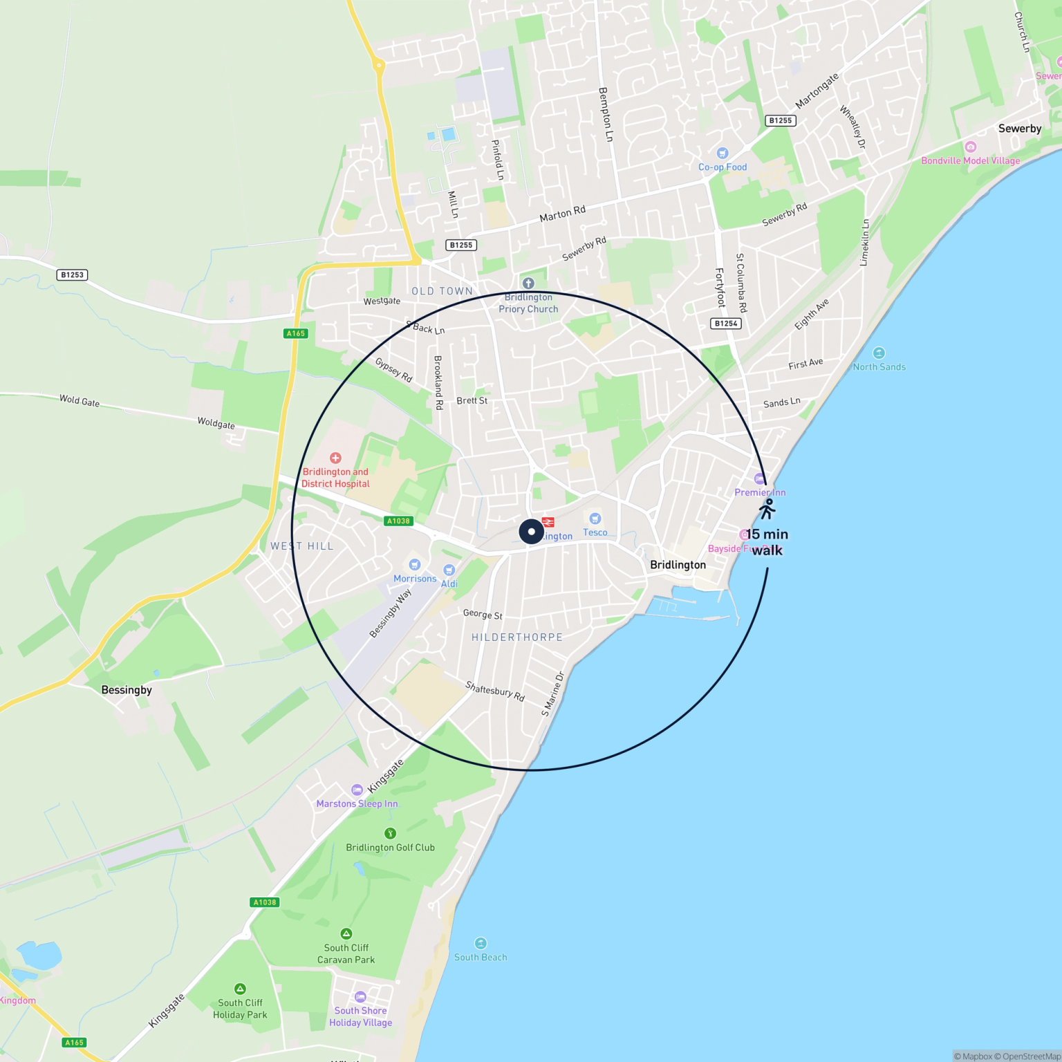 Map showing the location of 8 & 9 Station Court, Bridlington, YO16 4LZ and the surrounding 15 minute walk area.