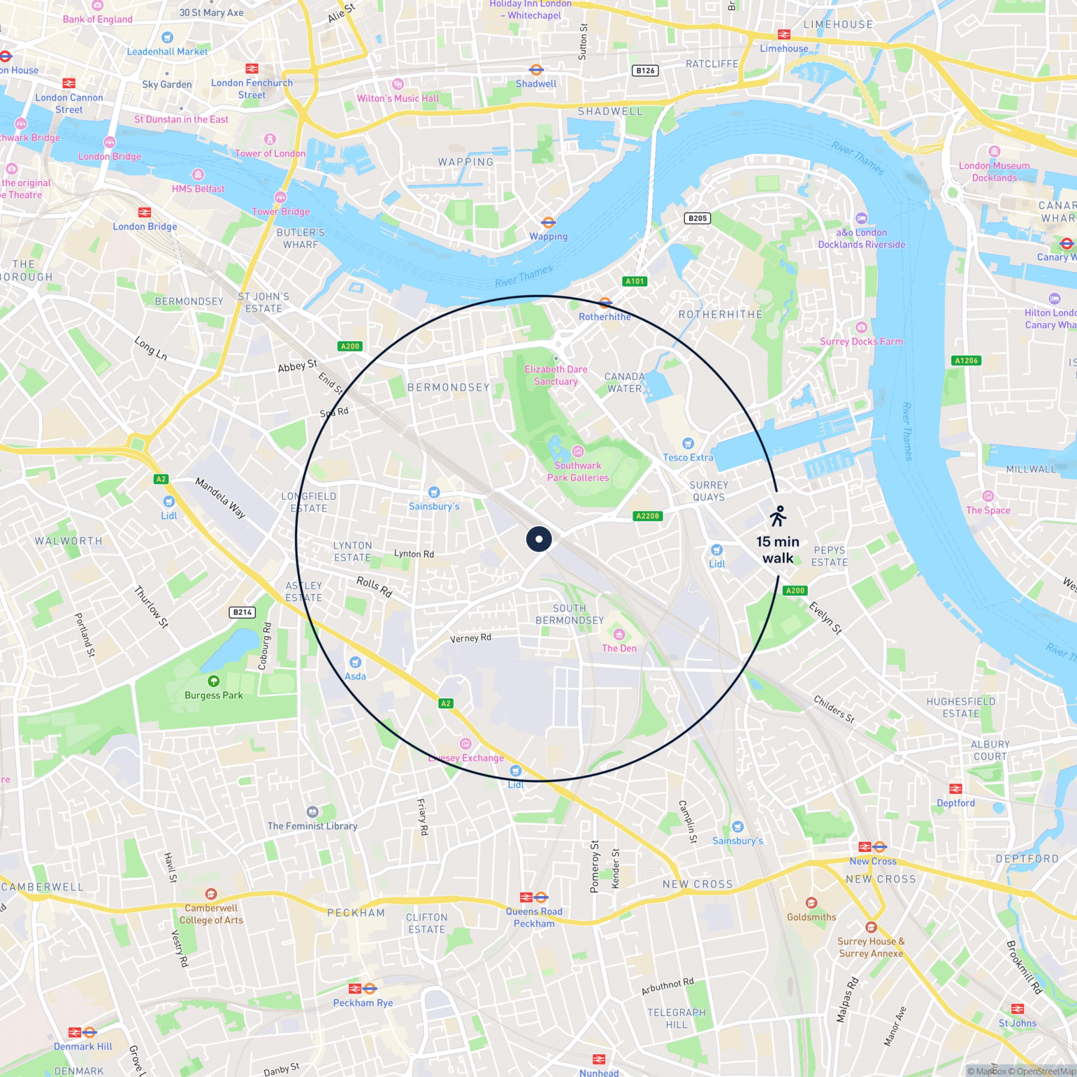 Map showing the location of 8 Rotherhithe Business Estate, London, SE16 3EH and the surrounding 15 minute walk area.