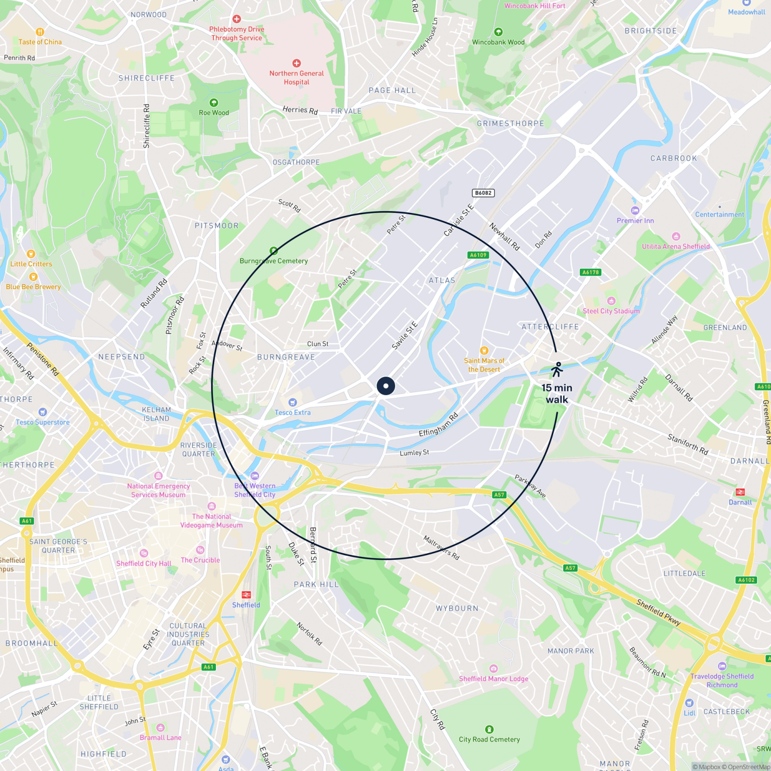 Map showing the location of 8 Princess Street, Sheffield, S4 7UU and the surrounding 15 minute walk area.