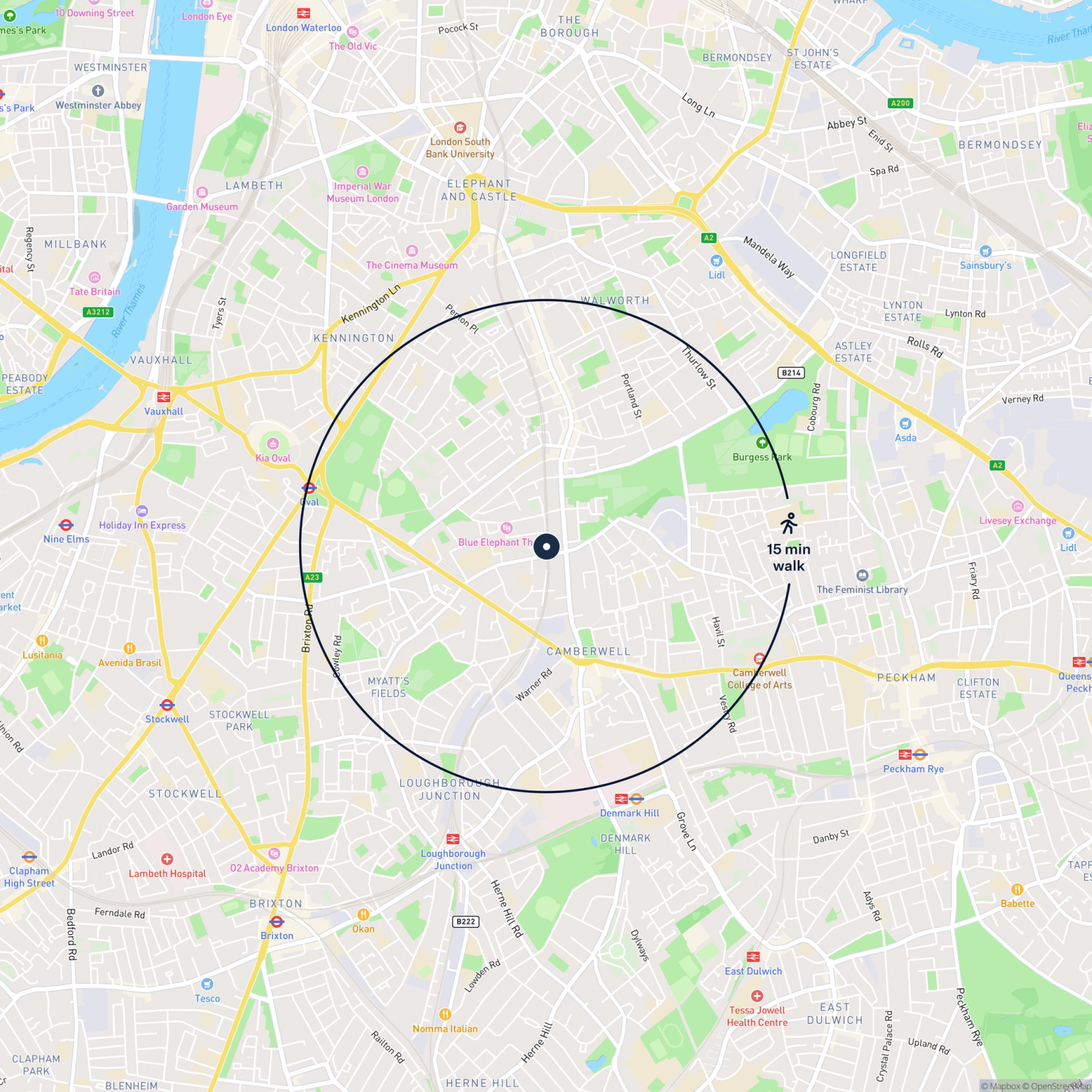 Map showing the location of 299 Jewell Street, London, SE5 0BU and the surrounding 15 minute walk area.