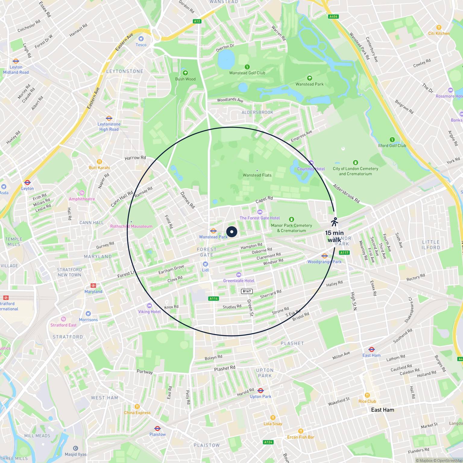 Map showing the location of 433 Avenue Road , Wanstead, London, E7 0LB and the surrounding 15 minute walk area.