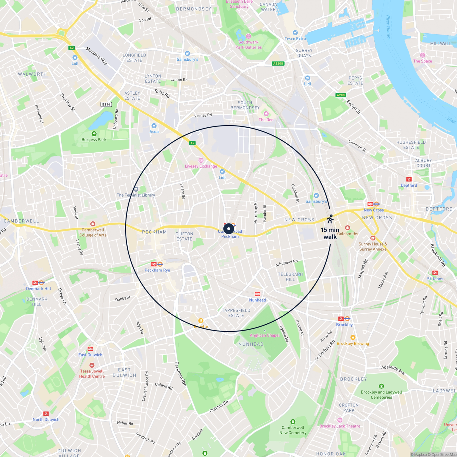 Map showing the location of ARCH 131 STATION PASSAGE, QUEENS RD PECKHAM, London, SE15 2ND and the surrounding 15 minute walk area.