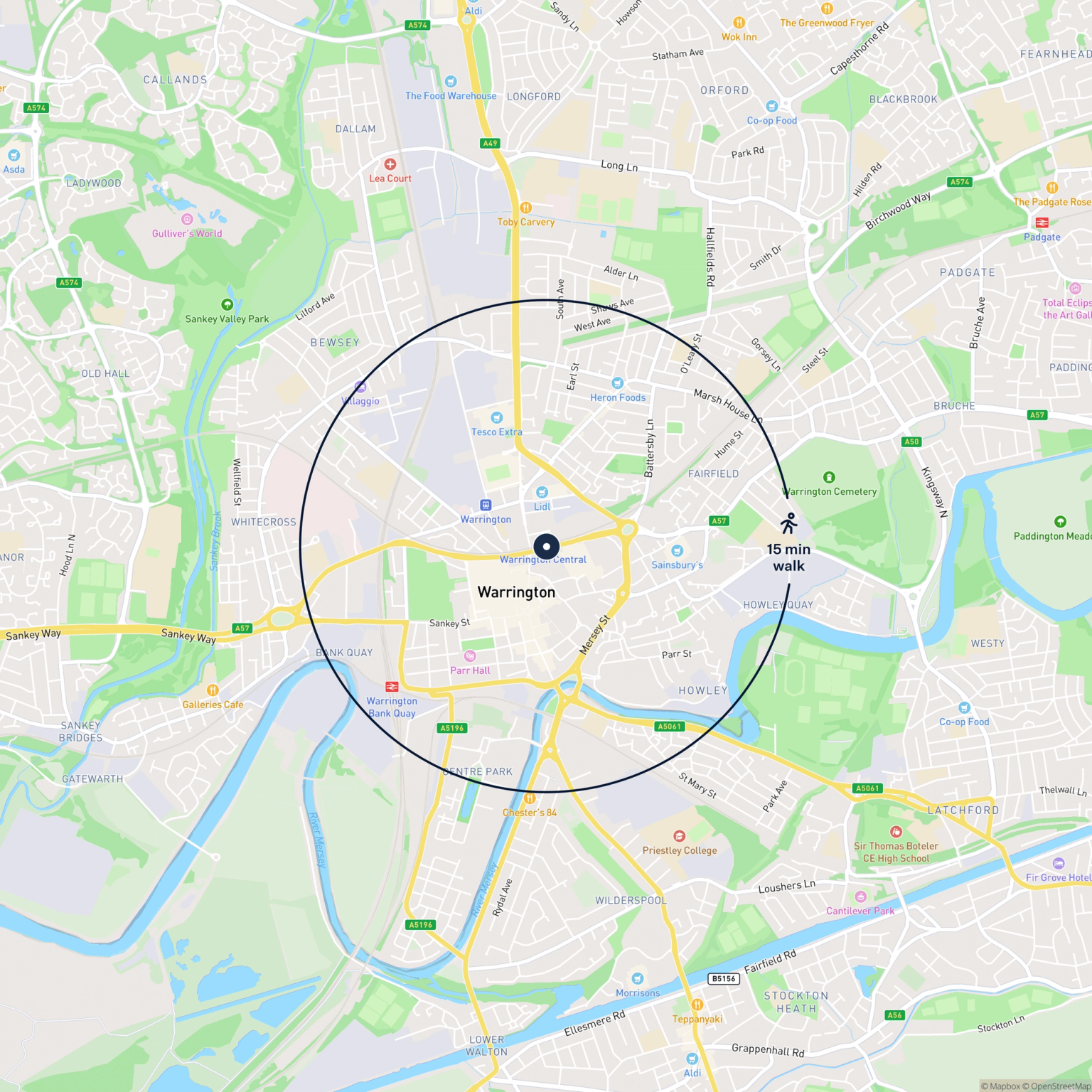 Map showing the location of 7 Crown Parade, Warrington, WA1 2AE and the surrounding 15 minute walk area.