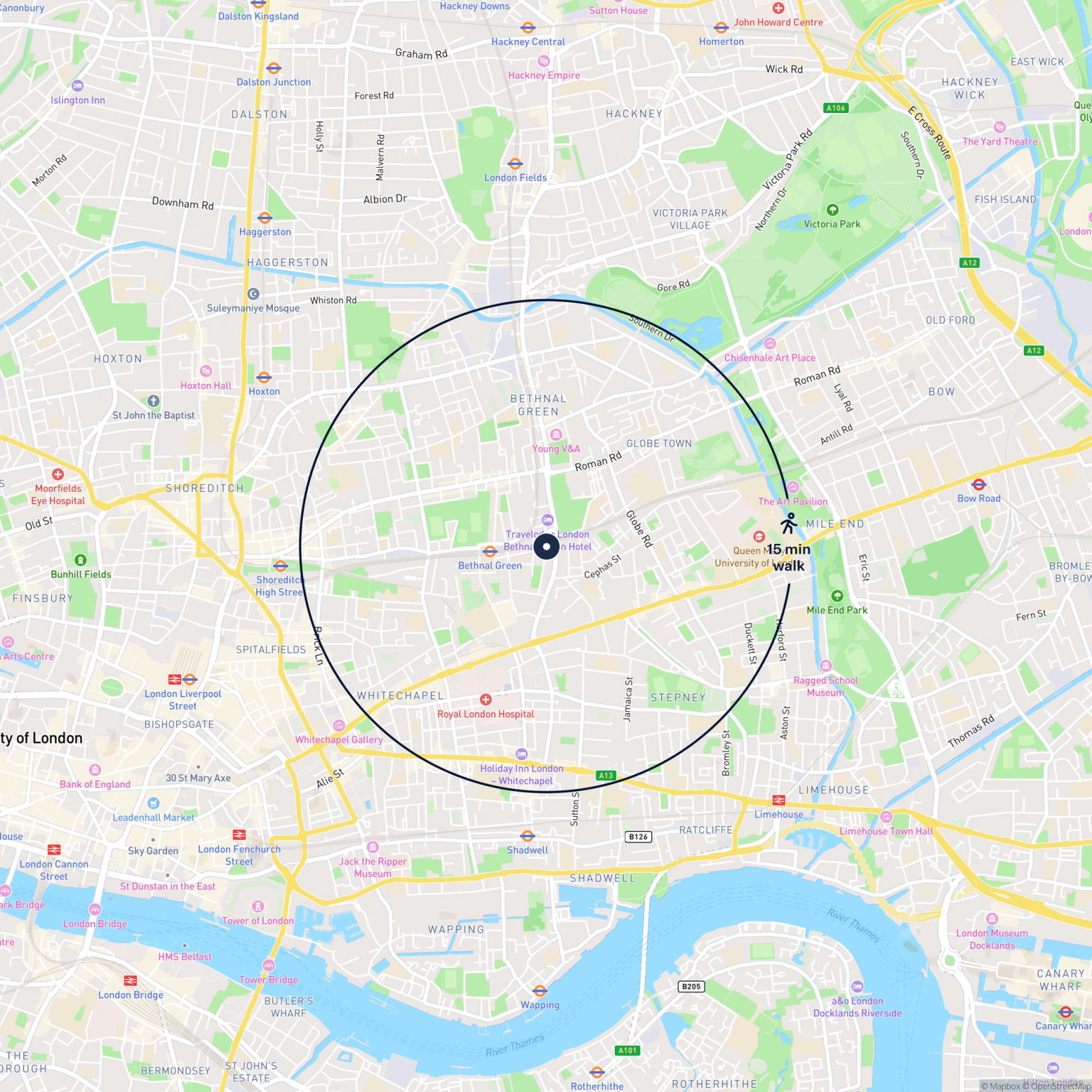 Map showing the location of 31a Buckhurst Street, London, E2 6GZ and the surrounding 15 minute walk area.