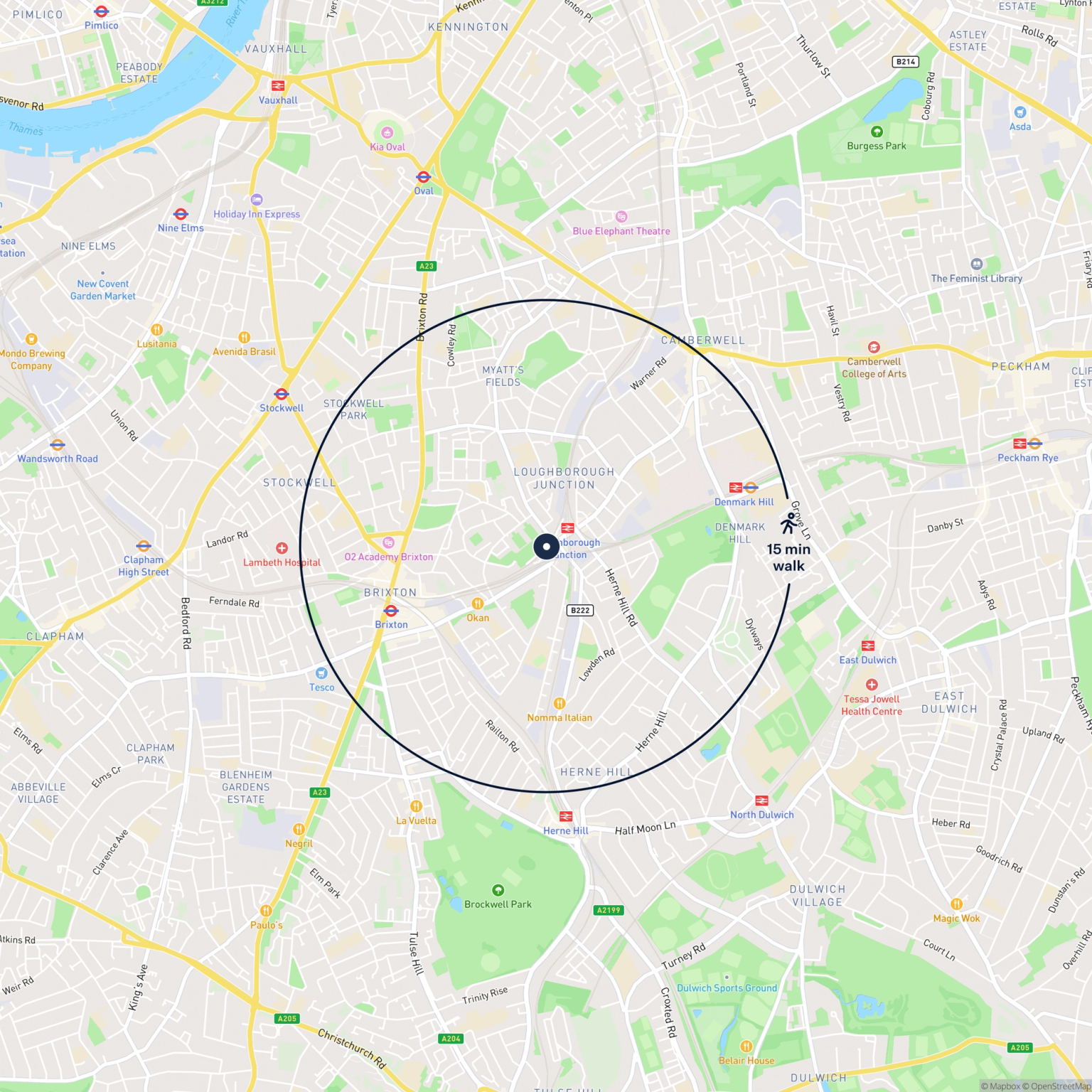 Map showing the location of 500 Ridgway Road, Loughborough Junction, SW9 7EX and the surrounding 15 minute walk area.