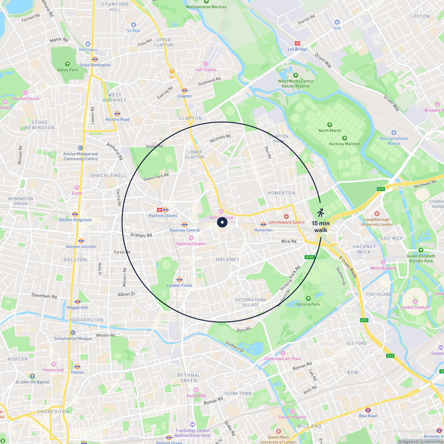 Map showing the location of 190 Morning Lane, London, E9 6DU and the surrounding 15 minute walk area.