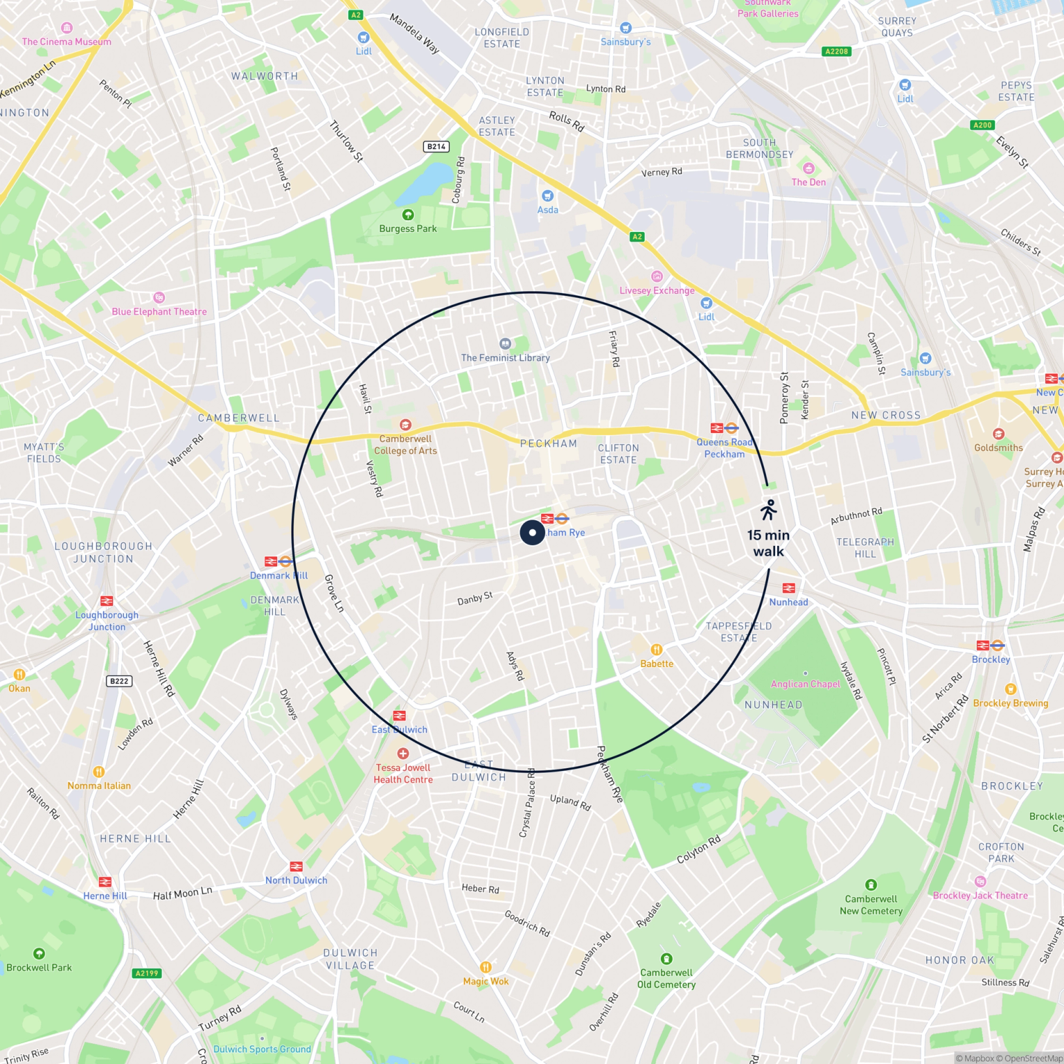 Map showing the location of 223 Blenheim Grove, SE15 4QL and the surrounding 15 minute walk area.