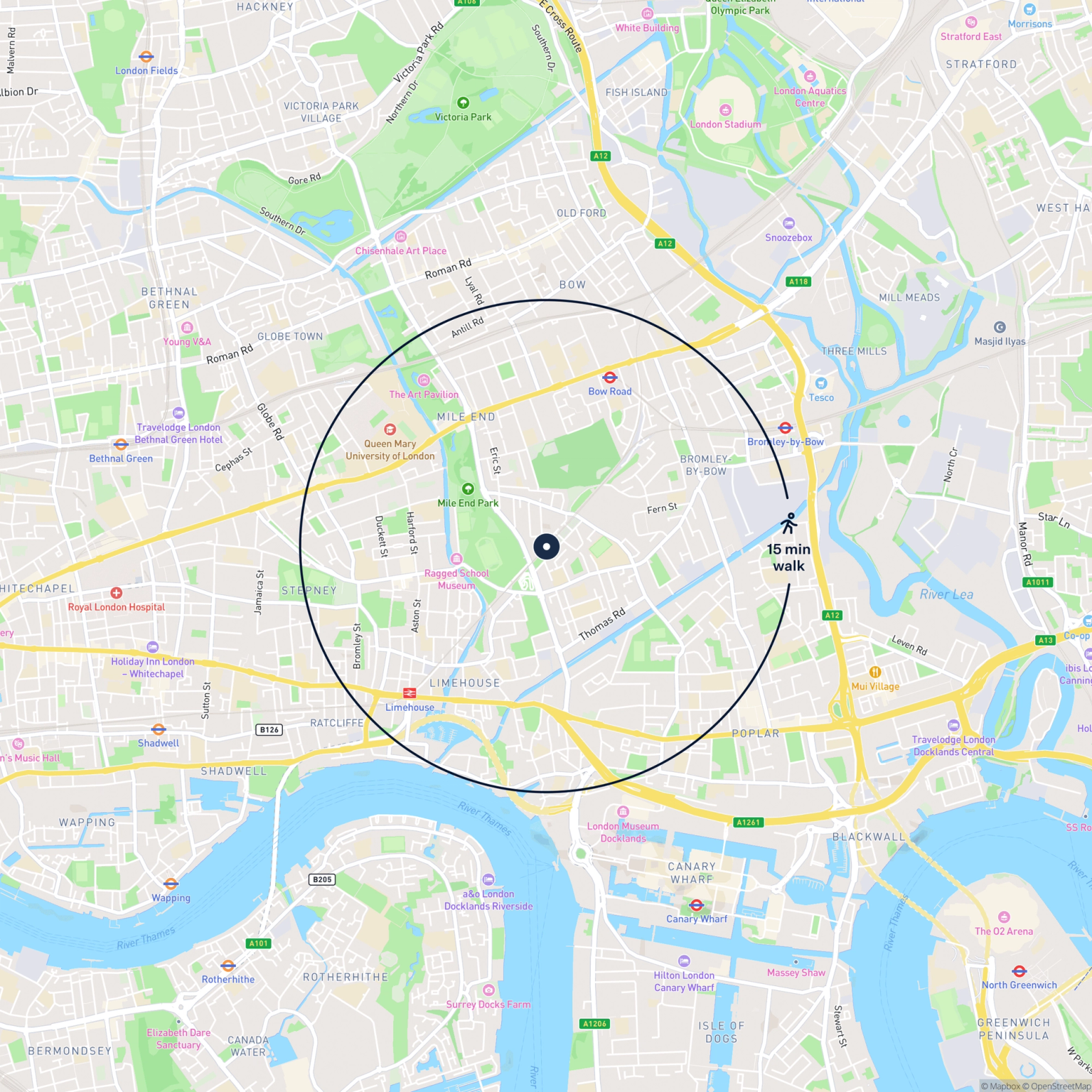 Map showing the location of 440 Baythorne Street, London, E3 4AT and the surrounding 15 minute walk area.