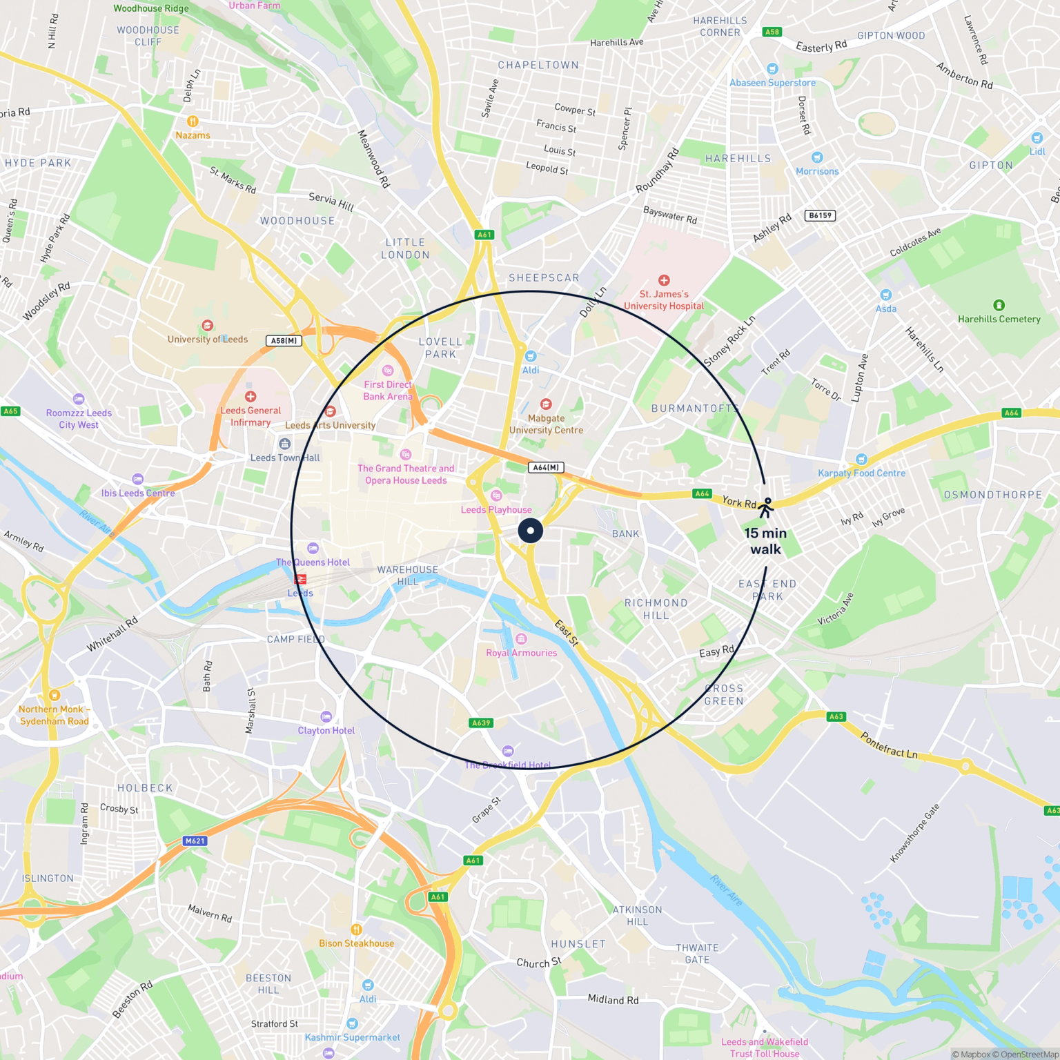 Map showing the location of 66 Brussels Street, Leeds, LS9 8AB and the surrounding 15 minute walk area.