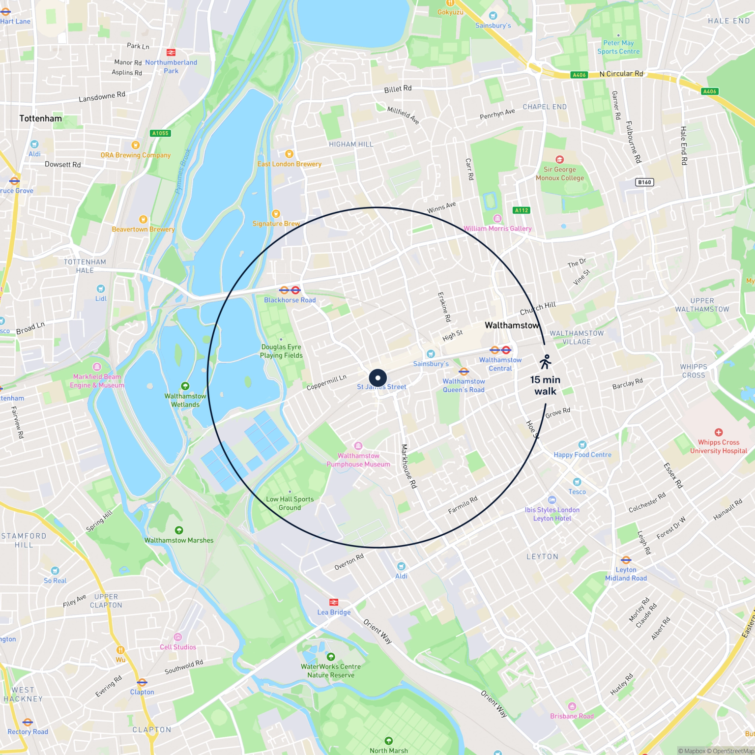 Map showing the location of 3 Courtney Place, London, E17 7PJ and the surrounding 15 minute walk area.